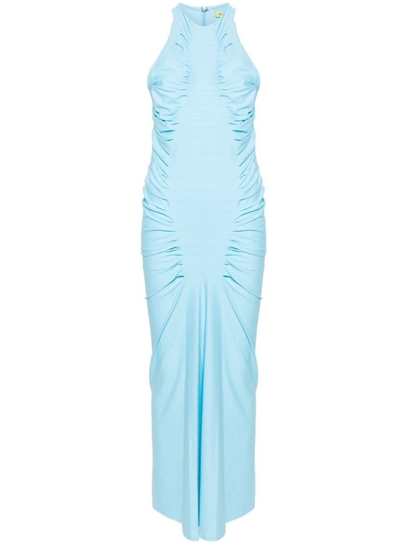 halterneck ruched maxi dress 1