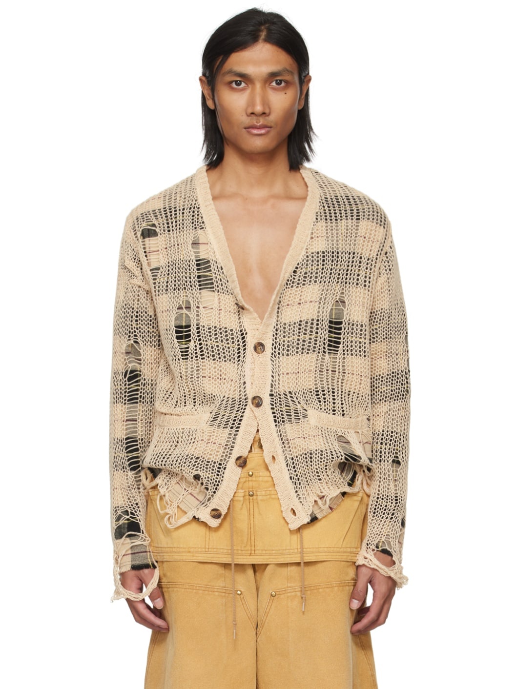 Beige Overlay Distressed Cardigan - 1