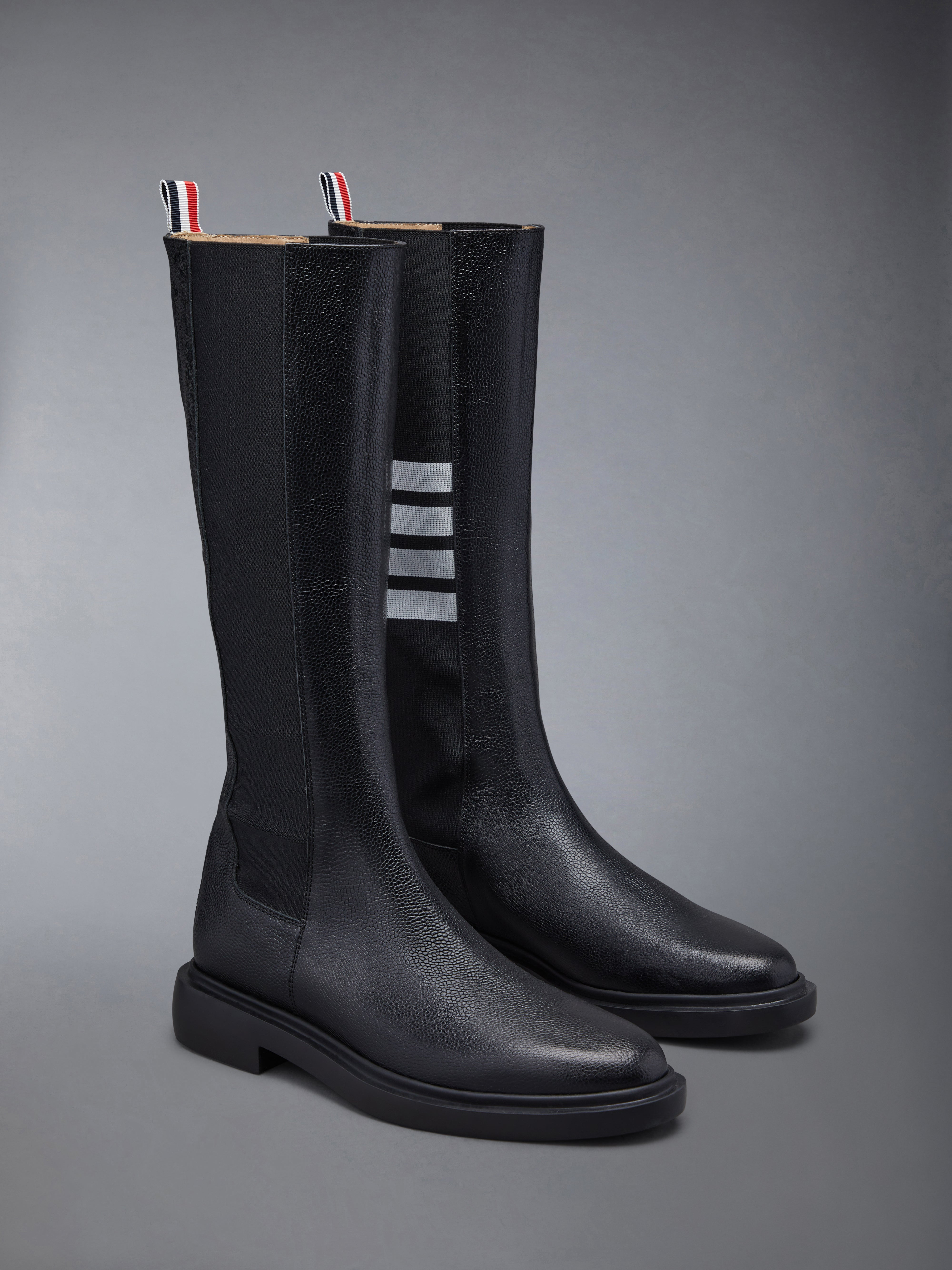 Black Pebble Grain Leather 4-Bar Lightweight Rubber Sole Knee High Chelsea Boot - 2