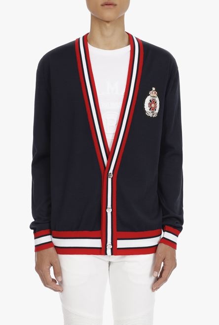Black, red and white cotton cardigan with embroidered Balmain badge - 5