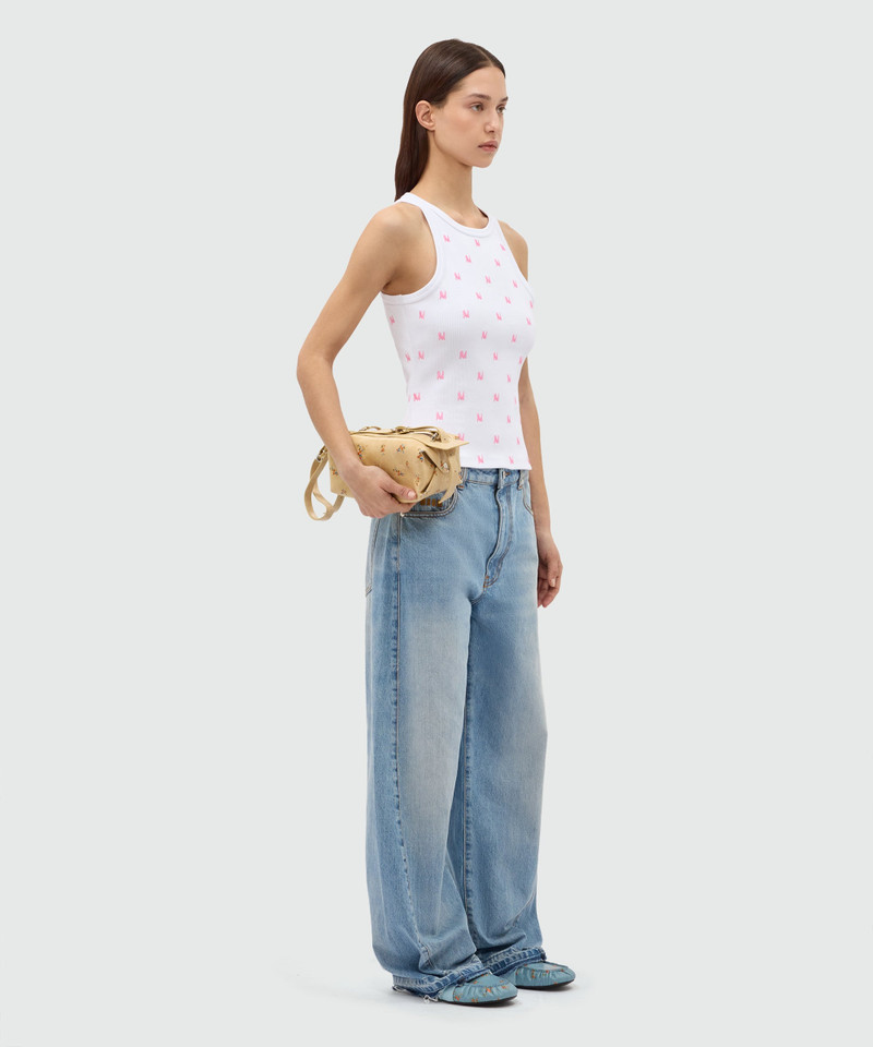 MSGM White ribbed cotton jersey top with all-over MWAVE embroidery outlook