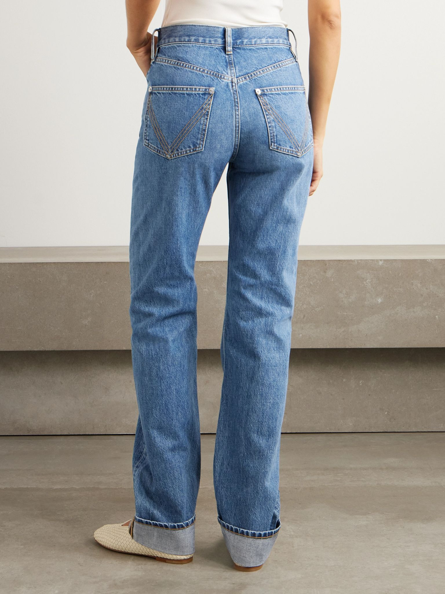Suede-trimmed high-rise straight-leg organic jeans Blue - 3
