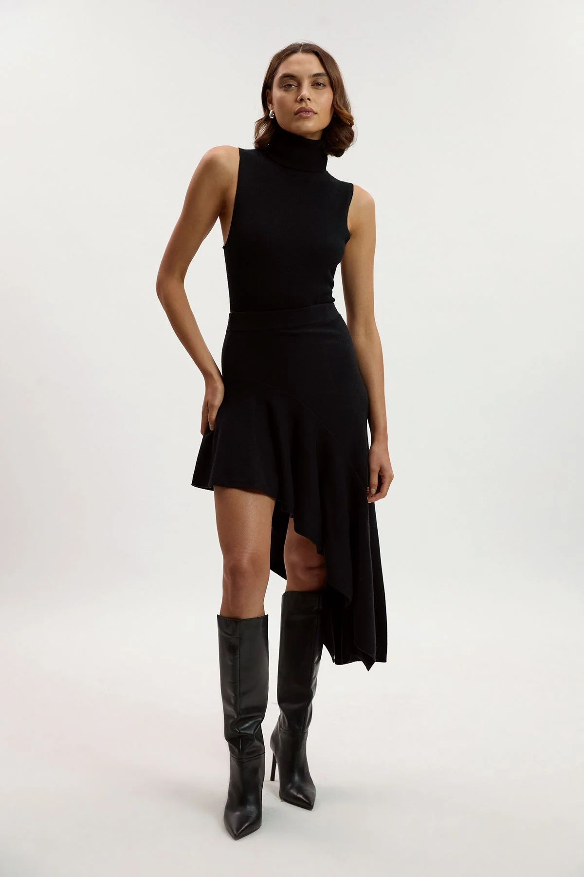 Viscose Blend Asymmetric Hem Knit Midi Skirt - 1