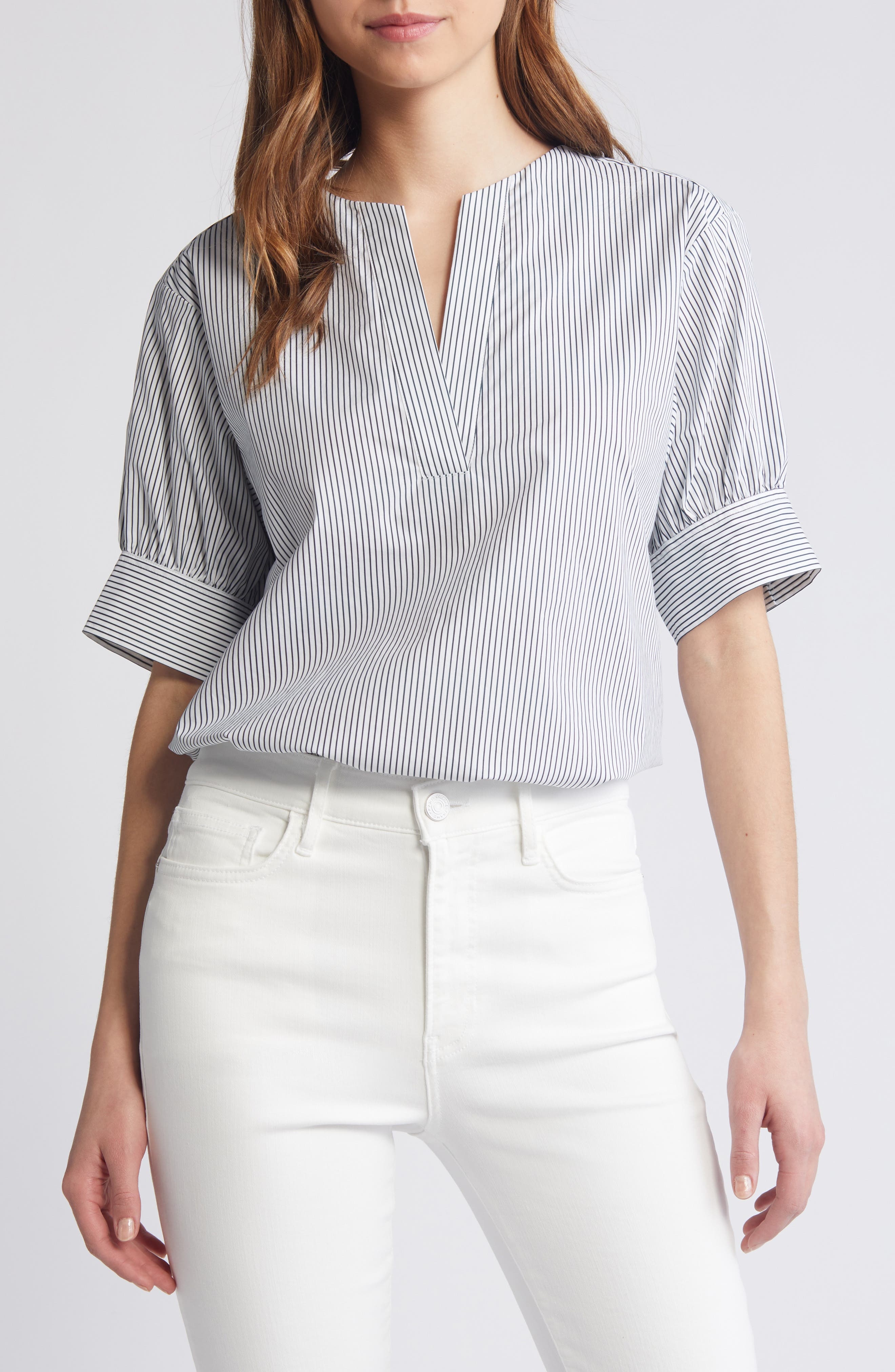 Stripe Split Neck Organic Cotton Popover Top - 1
