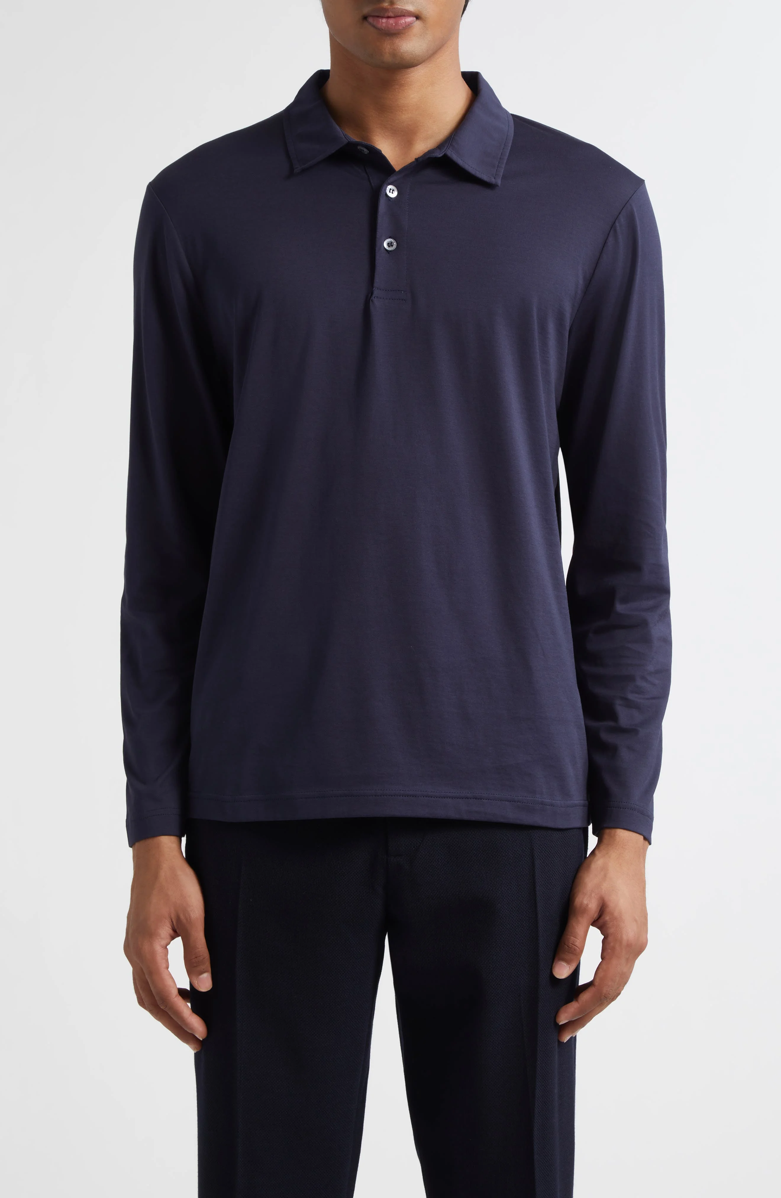 Sunspel Long Sleeve Supima® Cotton Polo in Navy at Nordstrom - 1
