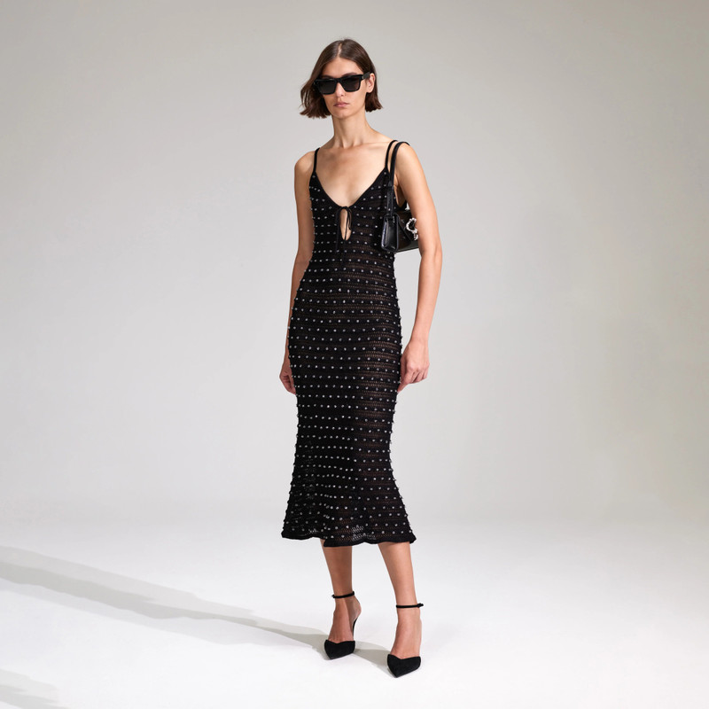 Black Beaded Knit Midi Dress - 1