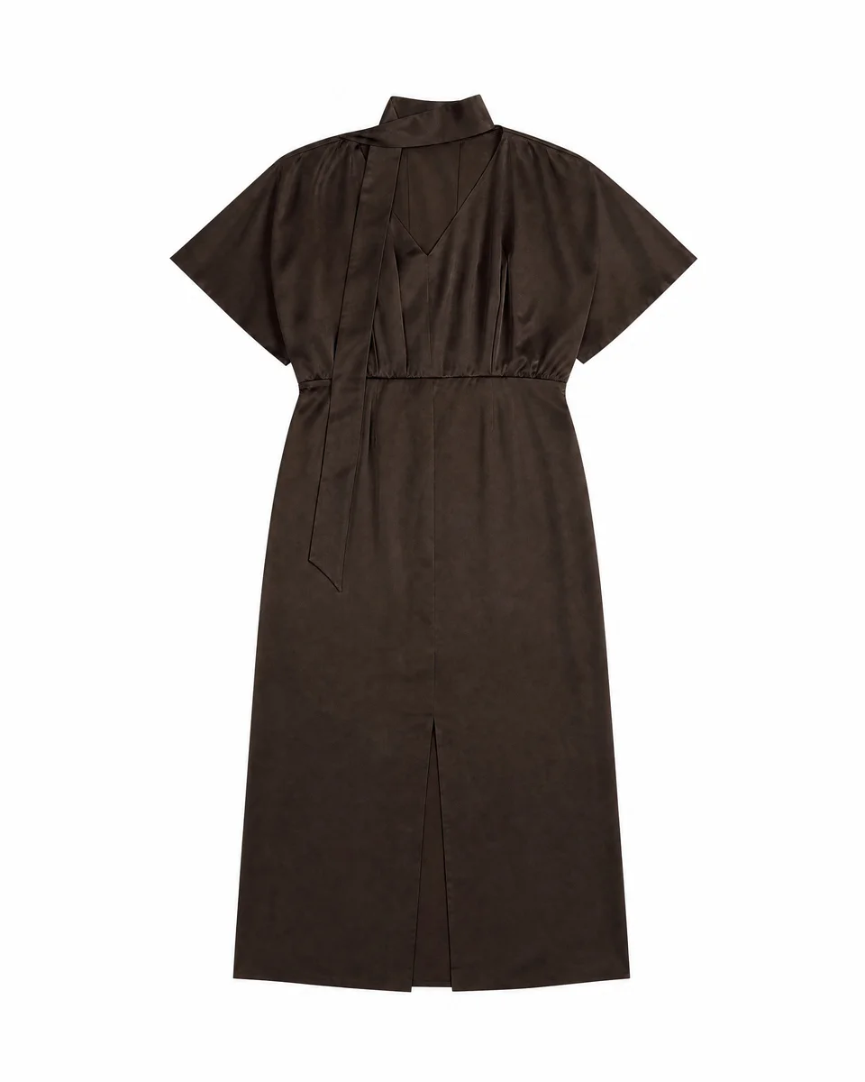 BROWN SATIN MAXI DRESS WITH A LAVALLIÈRE NECKLINE - 1