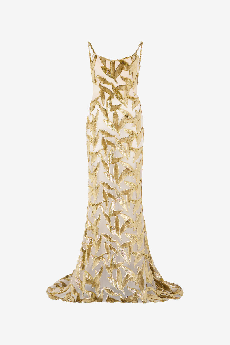Extra-long Sheer Ivory Dress with Foliage Motif 1