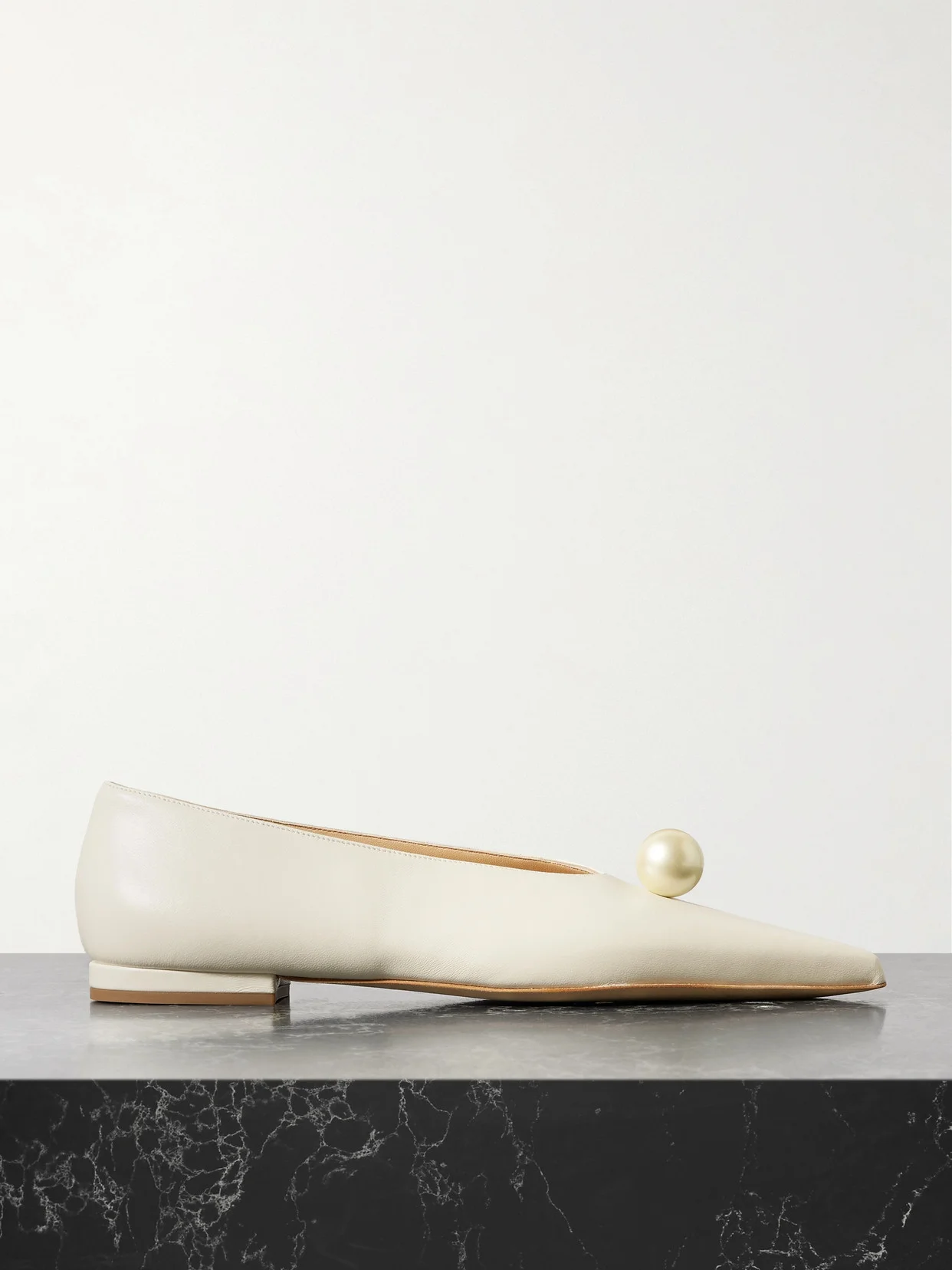 Faux Pearl-embellished Leather Point-toe Flats - 1