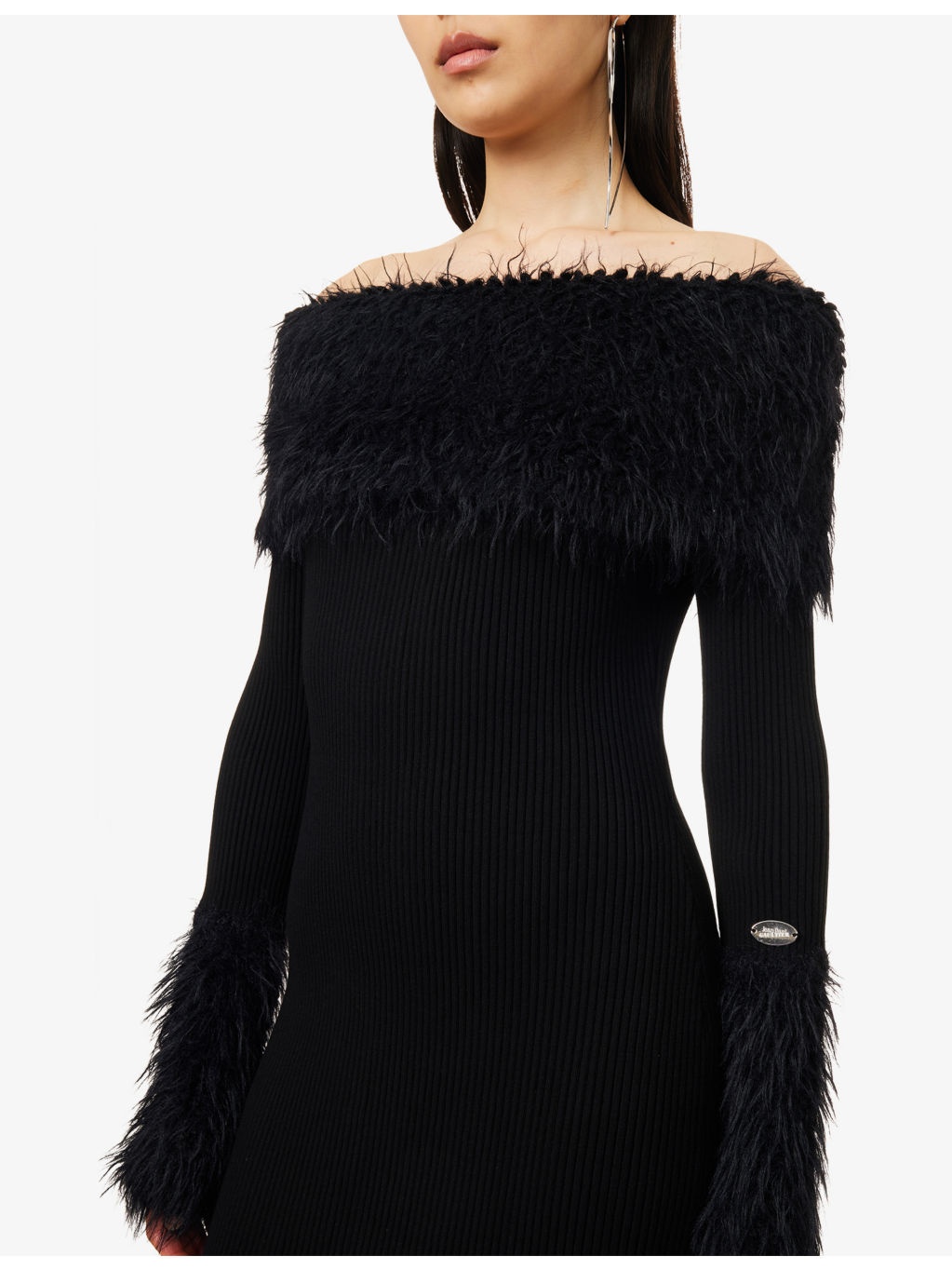 Off-Shoulder Faux Fur-Trim Ribbed-Knit Maxi Dress - 5
