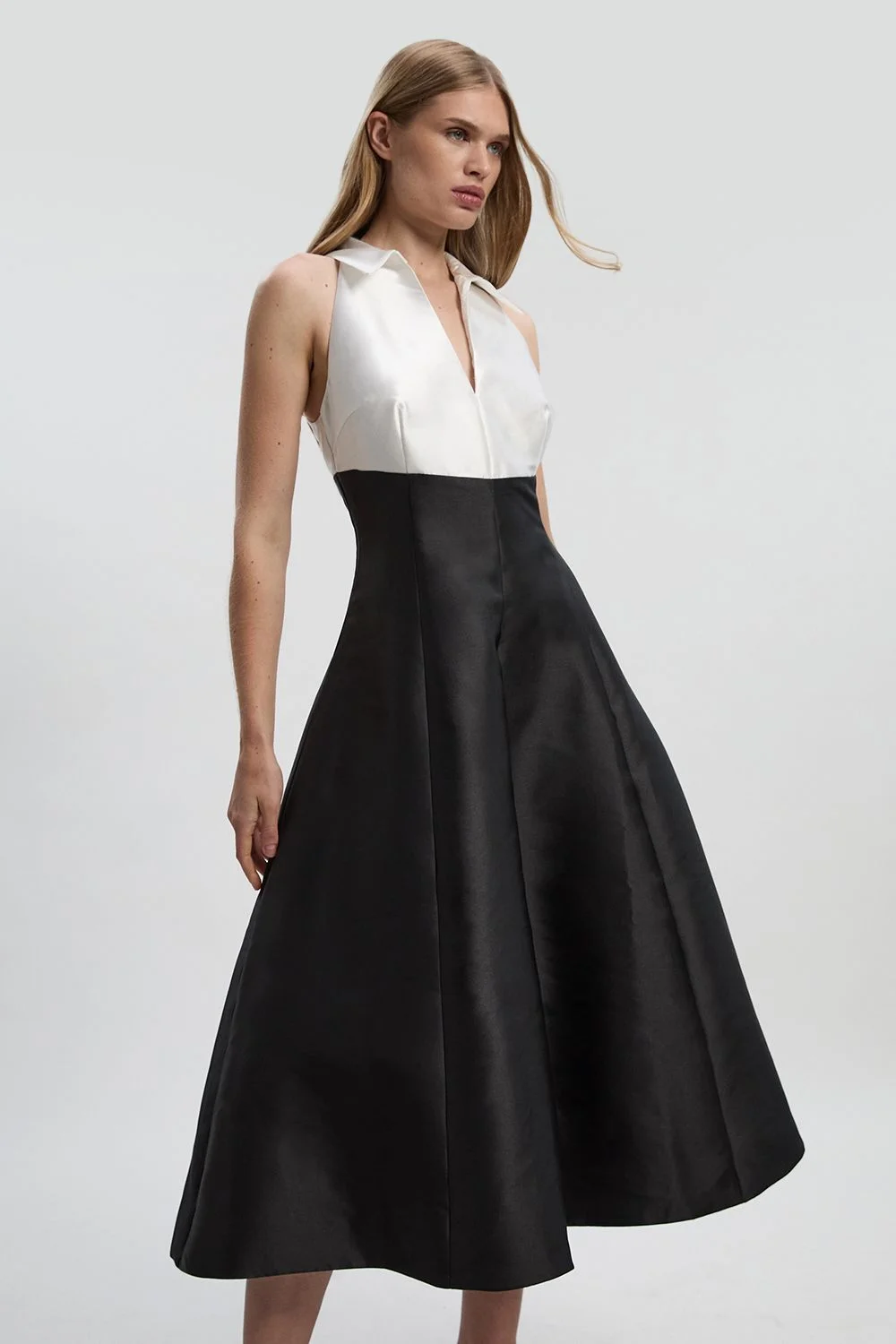 Petite Twill Contrast Tux Tailored Full Skirted Shirt Dress - 1