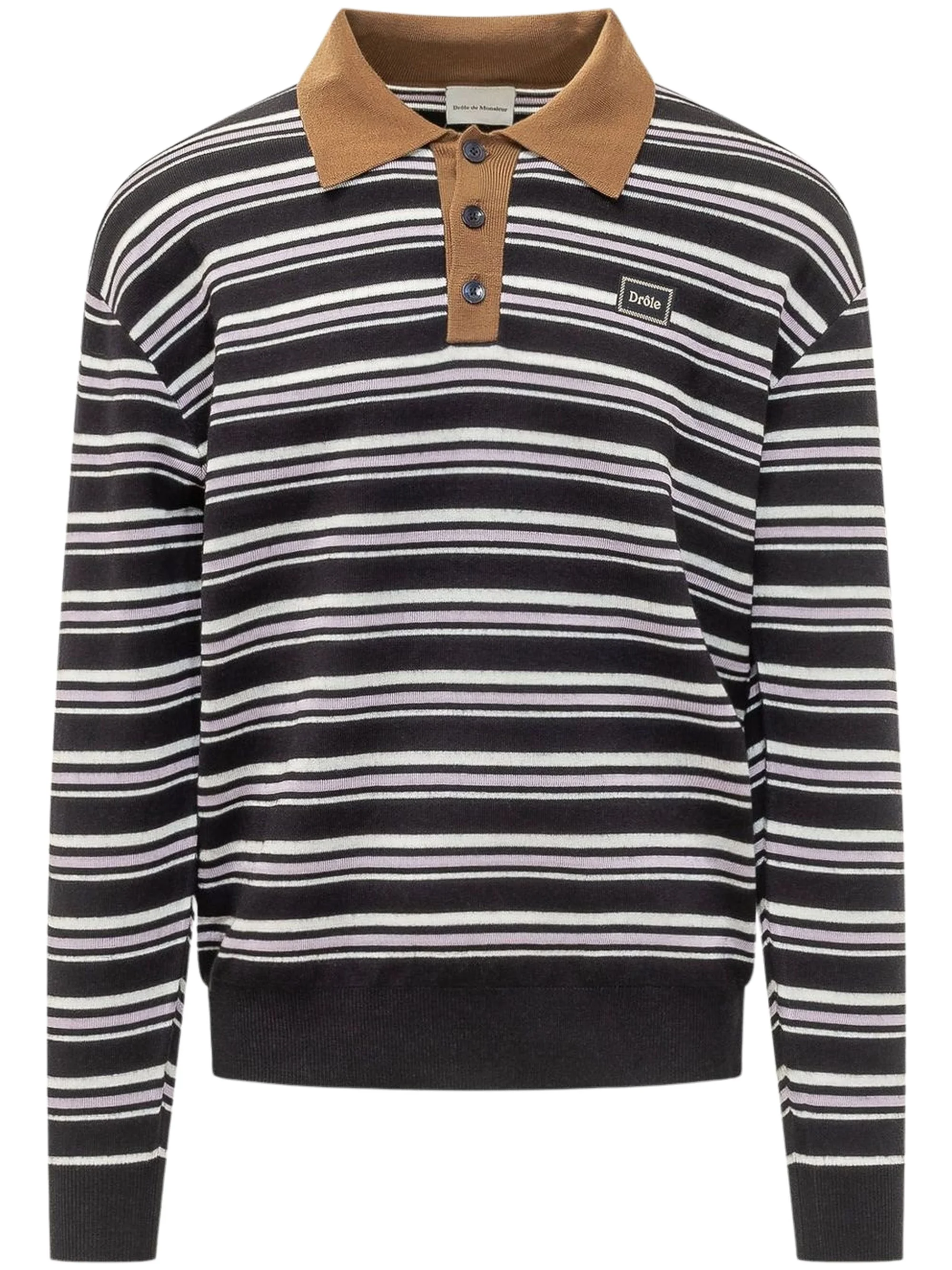 Striped Knit Long Sleeve Polo Shirt - 1