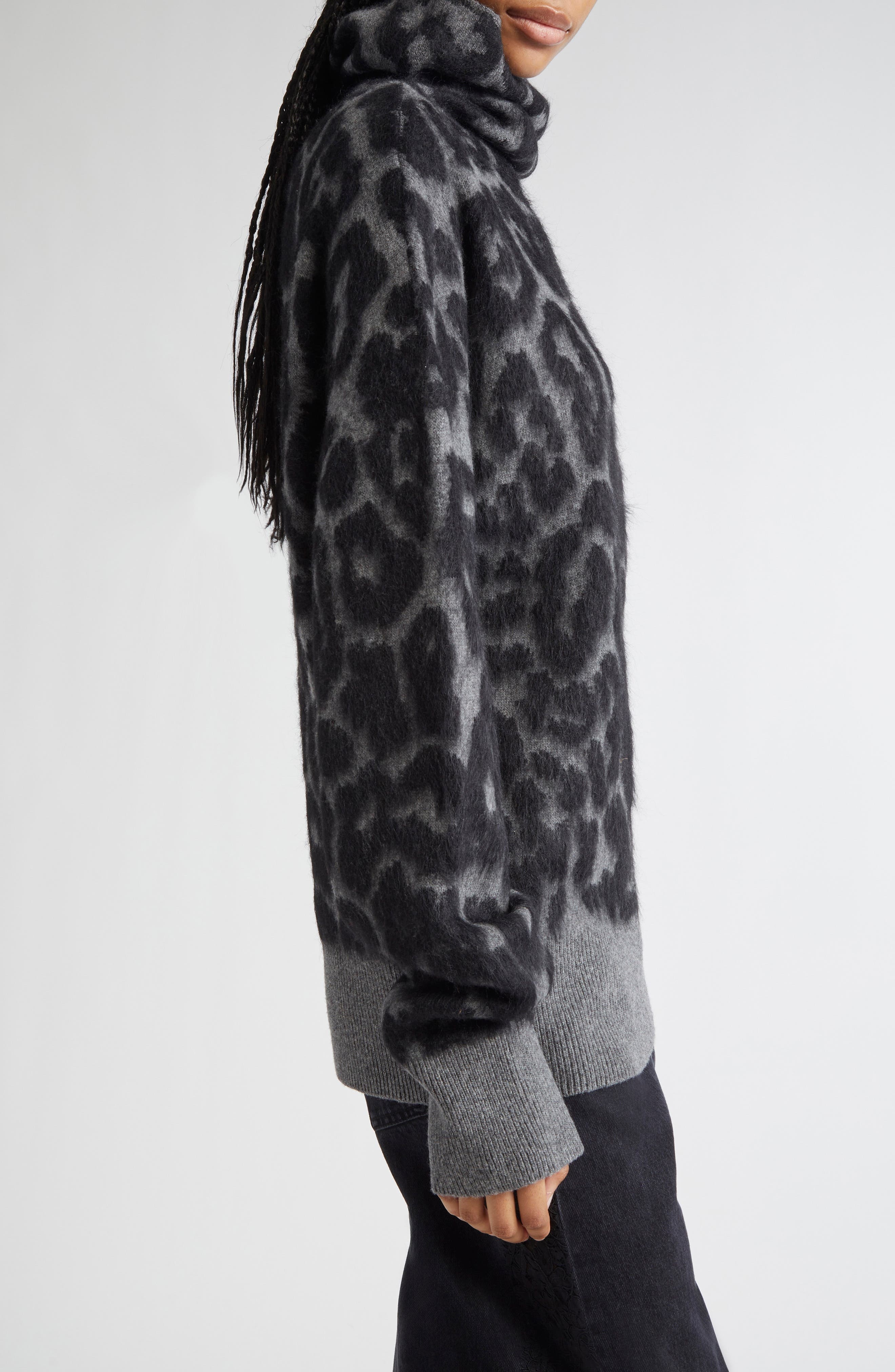Stella McCartney Leopard Jacquard Virgin Wool Funnel Neck Sweater in 1010 - 3