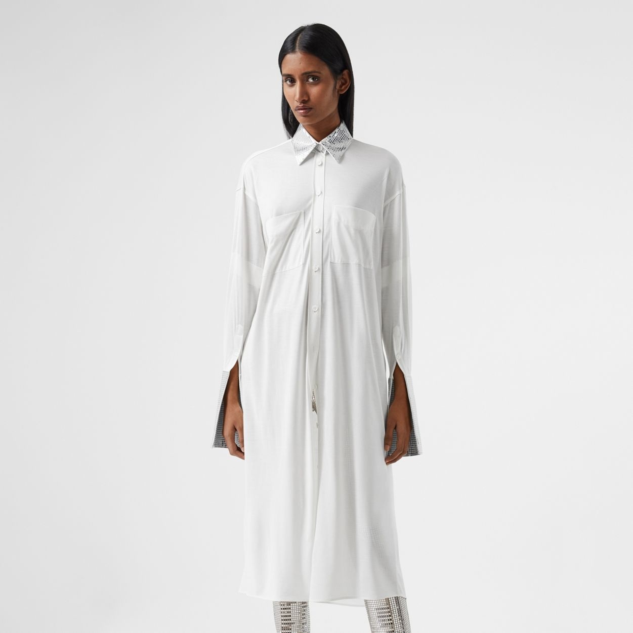 Mirrored Cotton Trim Silk Jersey Oversized Shirt Dress - 5