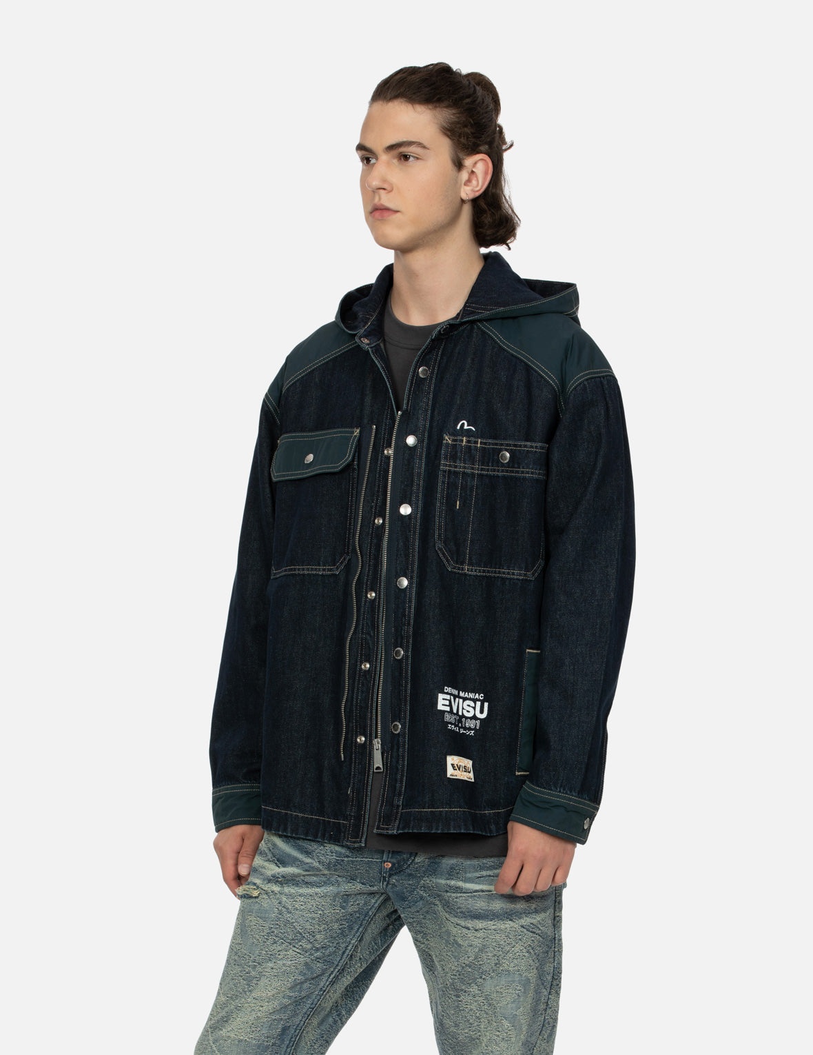 Logo Print Loose Fit Hooded Denim Shirt Jacket - 7