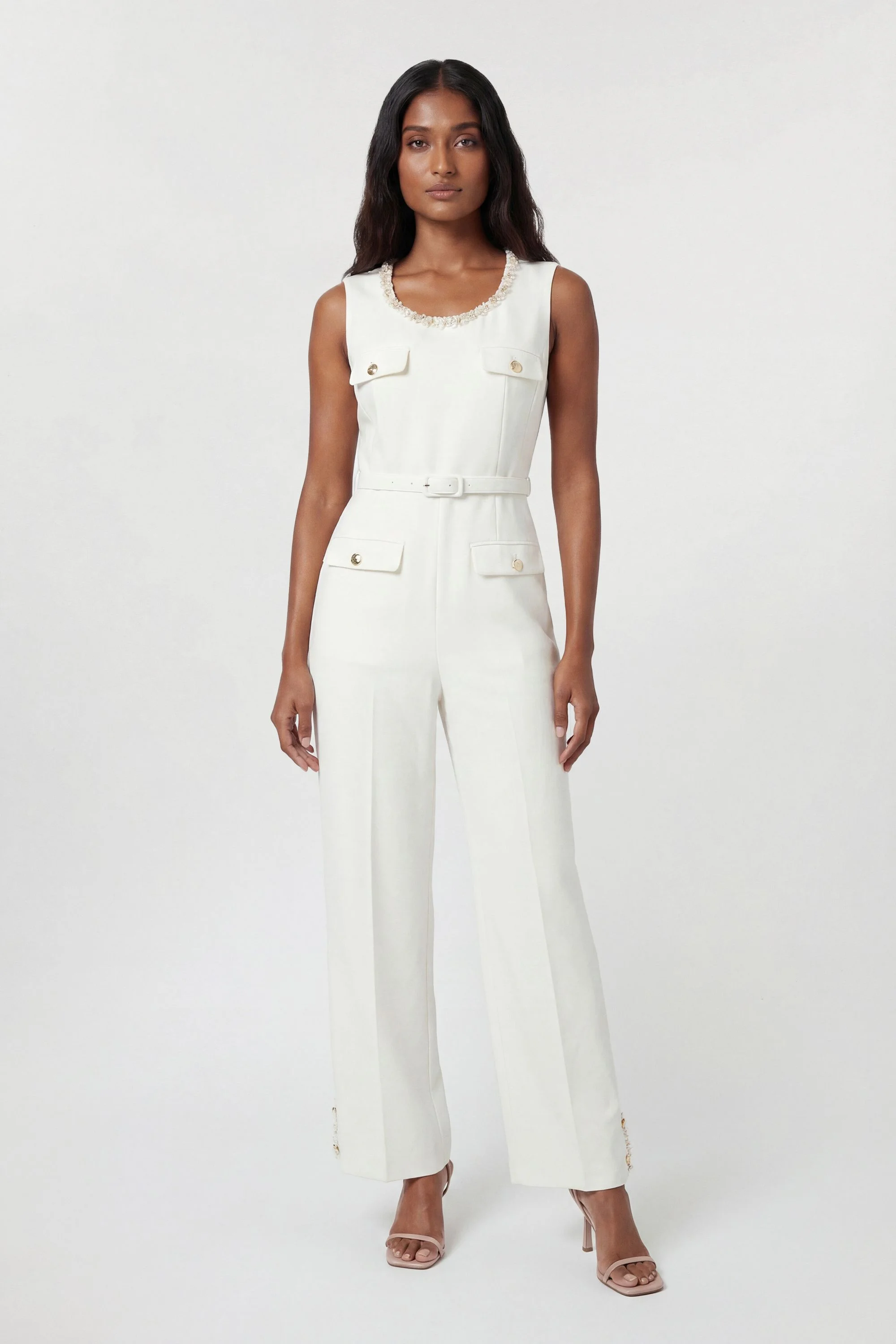 Compact Stretch Embellished Trim Tailored Wide Leg Jumpsuit - 1