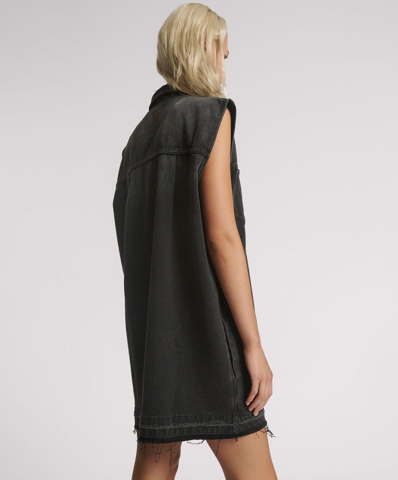 Sleeveless Mini Denim Shirt Dress - Faded Black 3