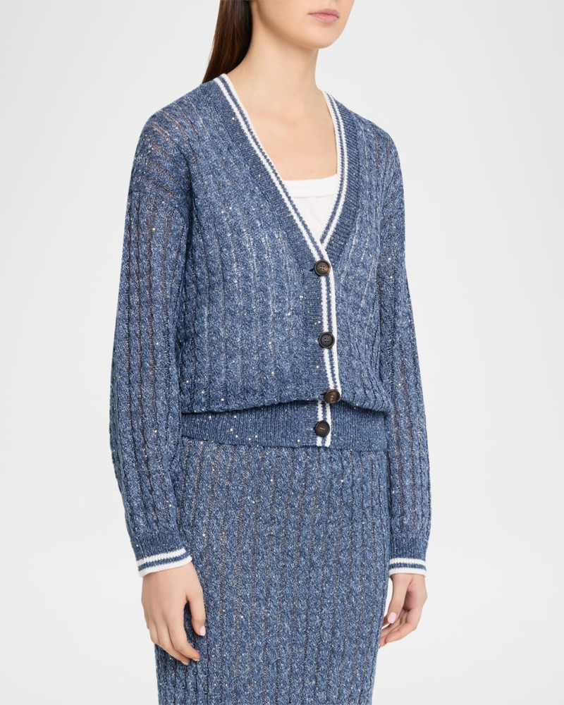 Linen Dazzling Cable Open-Knit V-Neck Cardigan 4