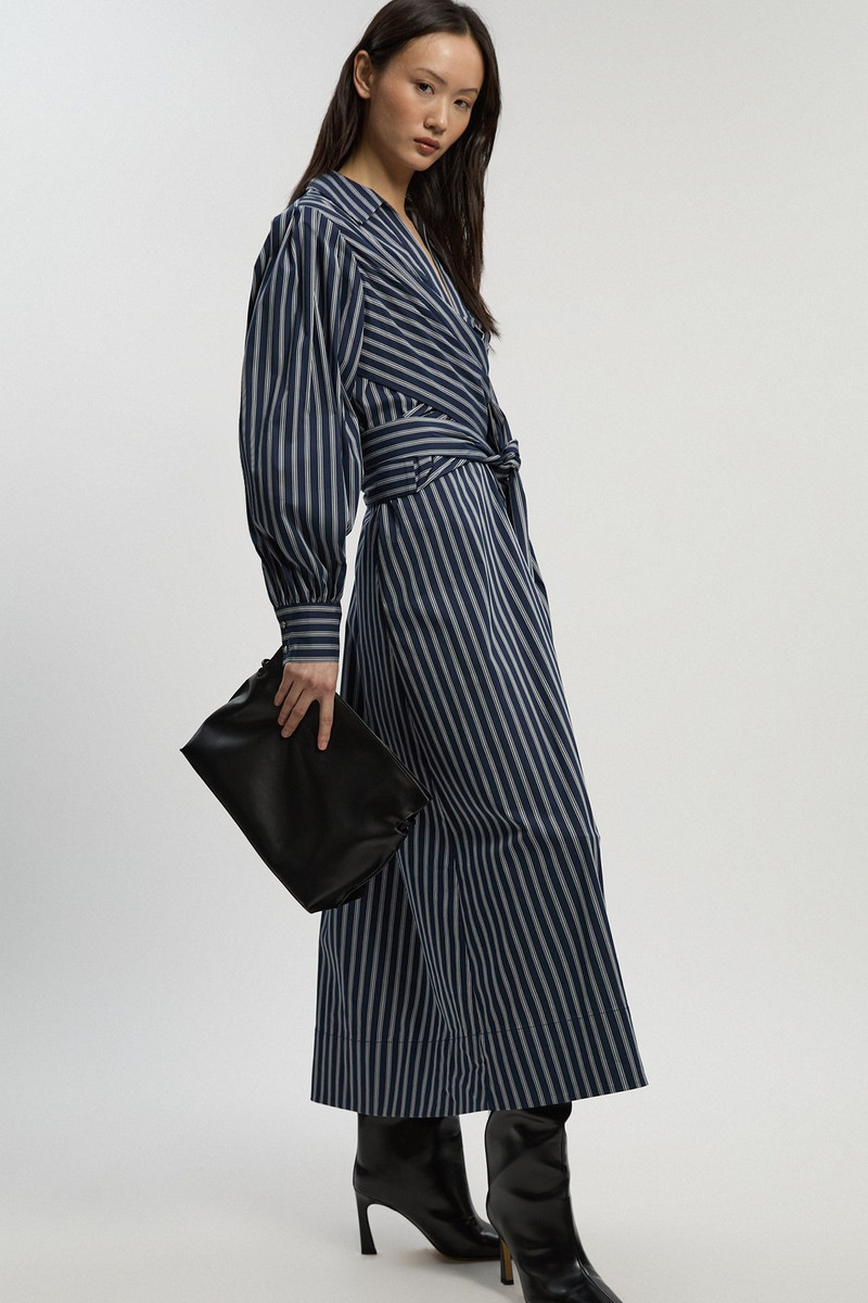 KAREN MILLEN Stripe Cotton Poplin Drama Sleeve Woven Wrap Detail Shirt Dress outlook