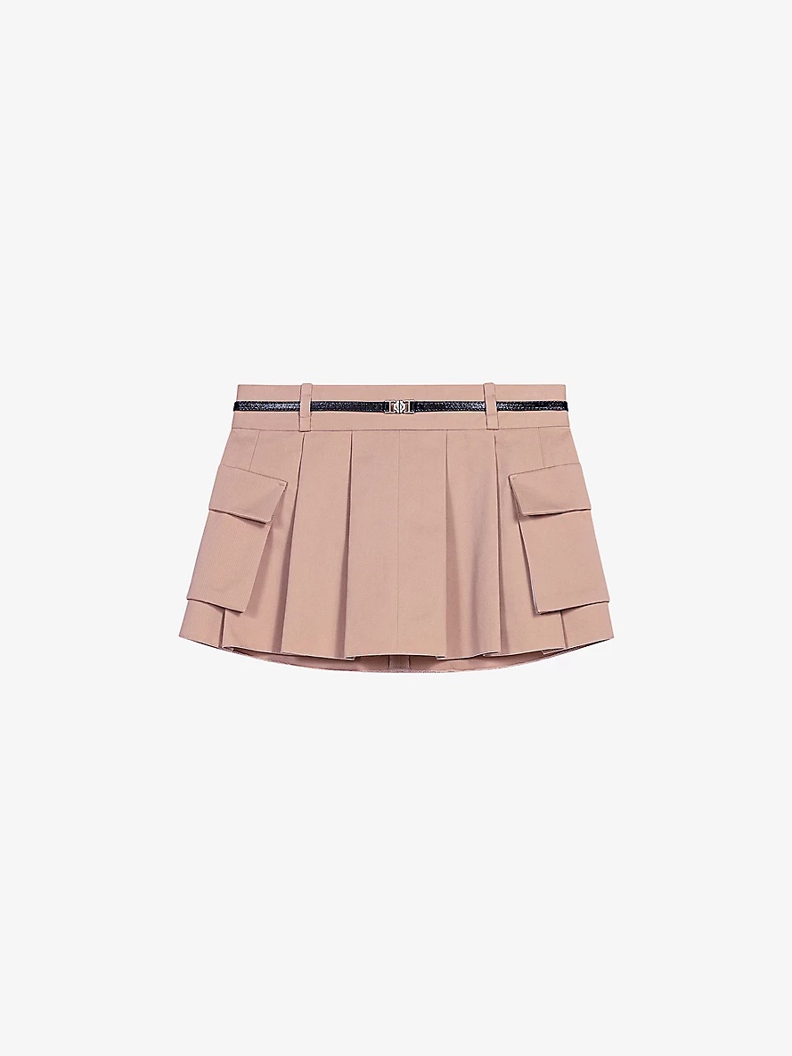 Buckle-embellished mid-rise pleated cotton mini skirt - 1