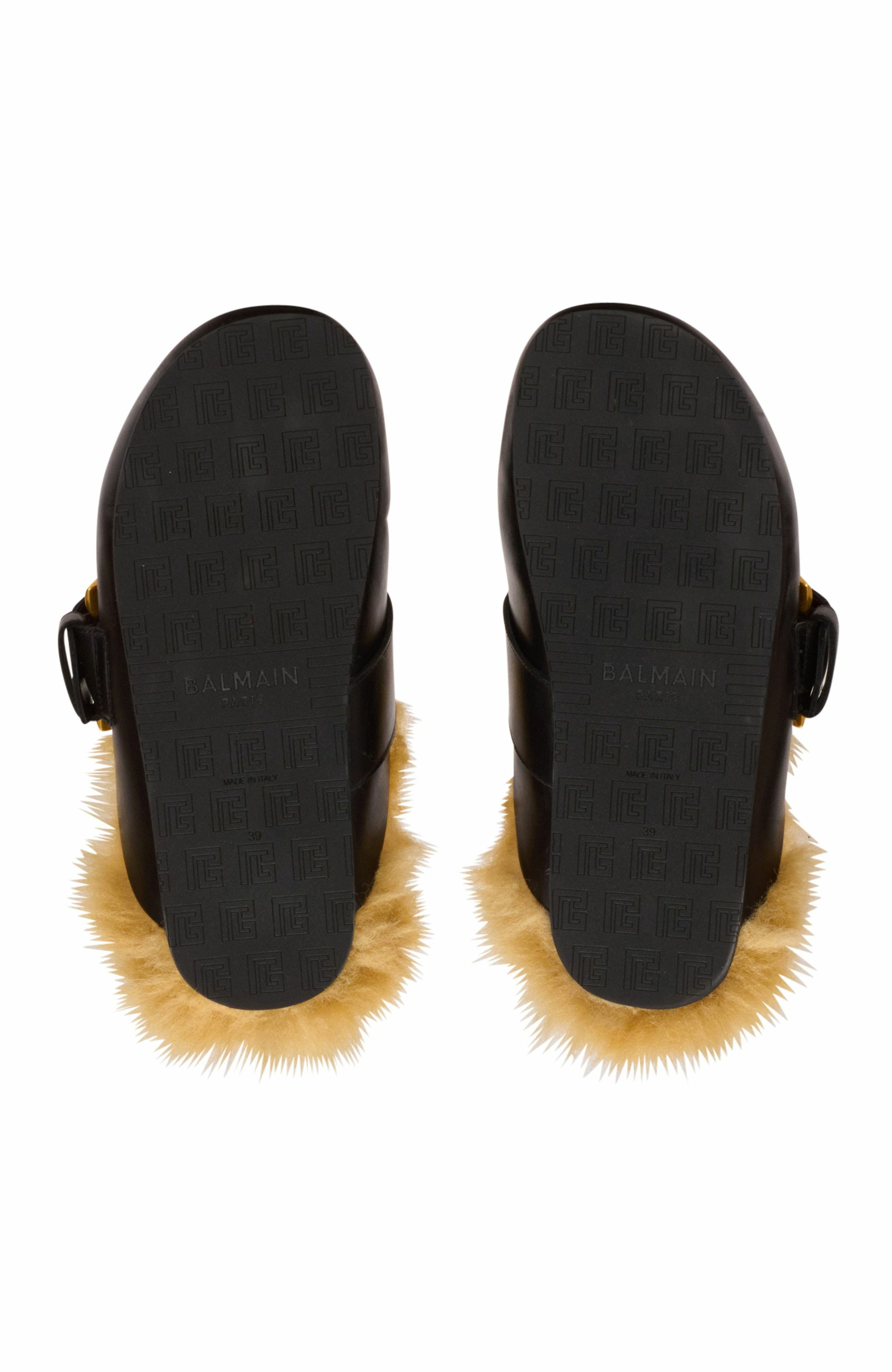 Balmain Flat leather and faux fur mules in Black at Nordstrom - 8