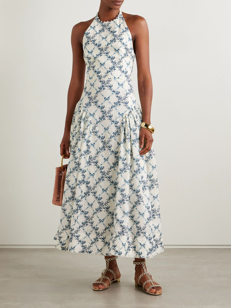 Agua by Agua Bendita Balsa faux pearl-embellished printed linen halterneck midi dress Off-white outlook