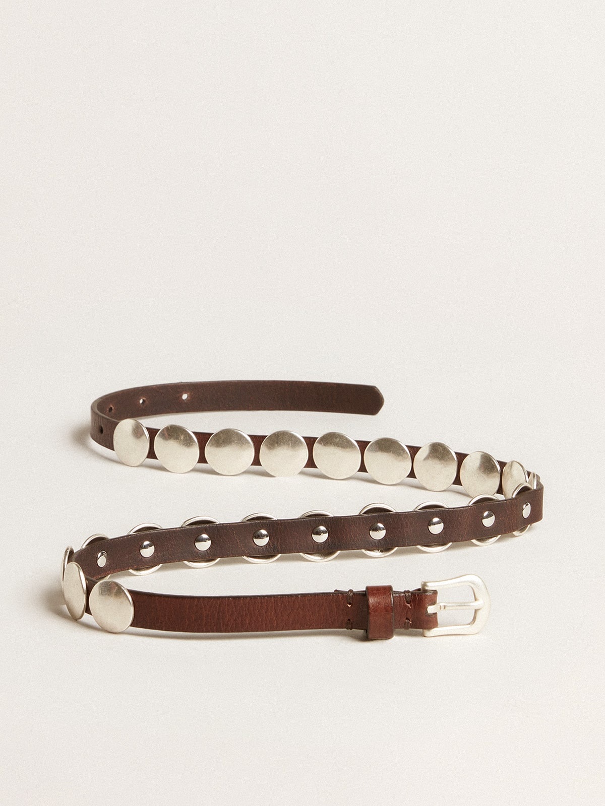 Trinidad thin belt in dark brown leather with silver studs - 4