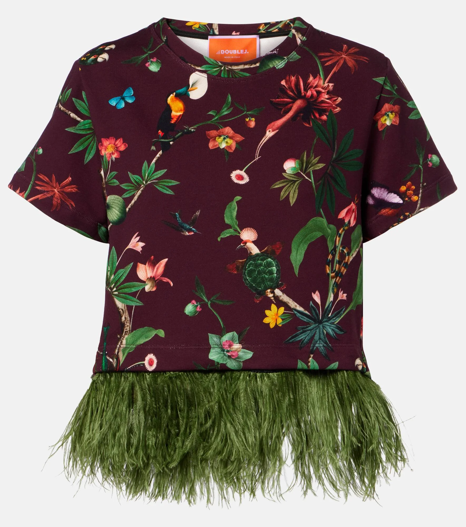 La Scala feather-trimmed printed cotton T-shirt - 1