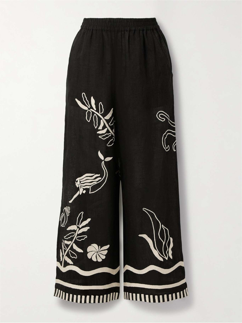 Mermaid Octopus embroidered linen wide-leg pants Black - 1
