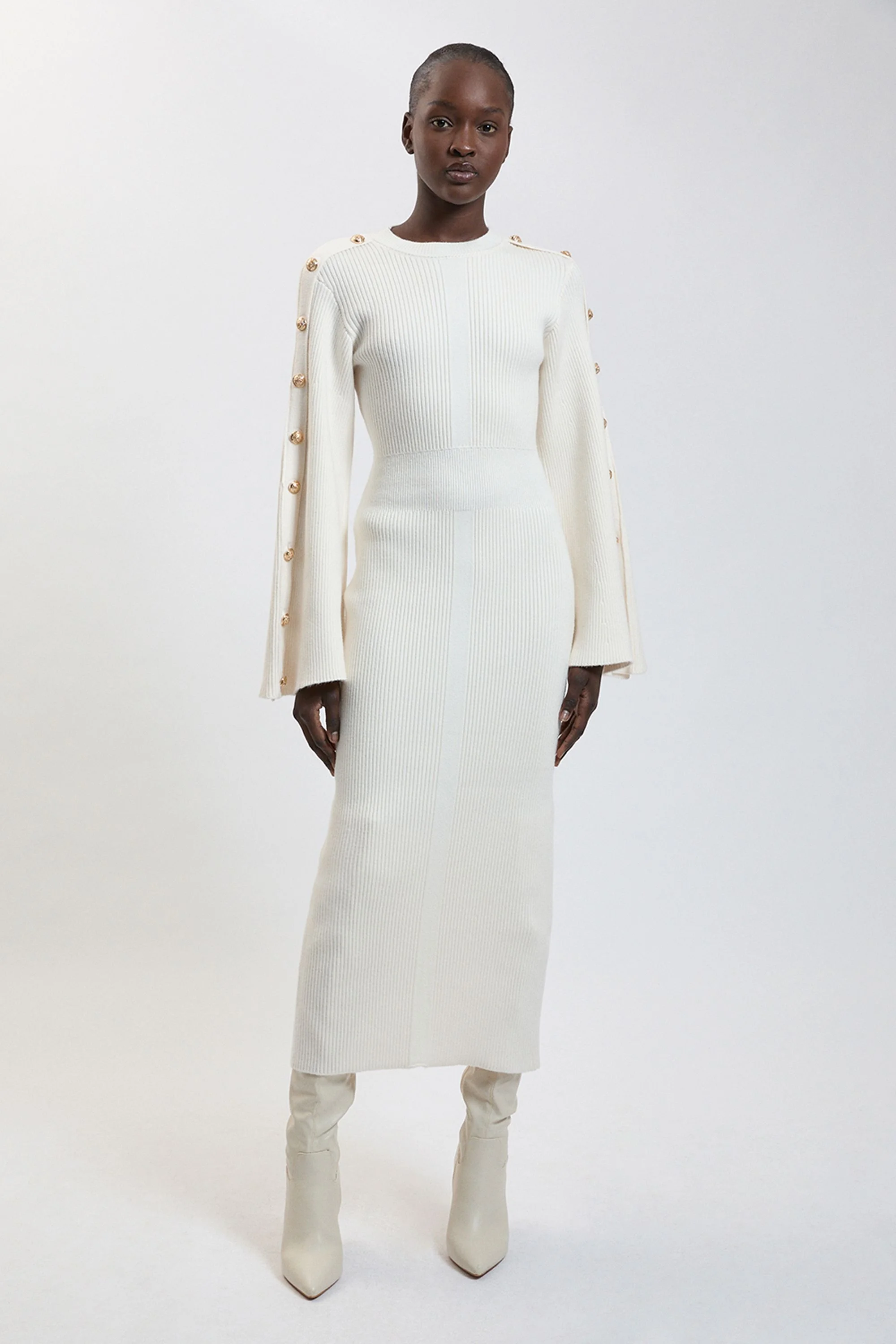 Military Button Up Sleeved Knitted Midi Dress - 1