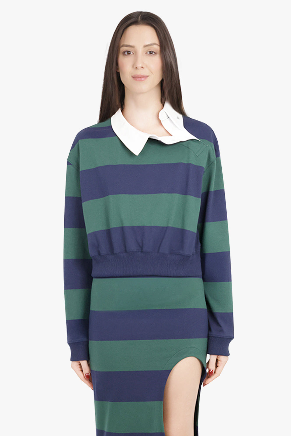 TWISTED COLLAR STRIPE RUGBY STYLE SWEATSHIRT TOP | GREEN/NAVY - 3