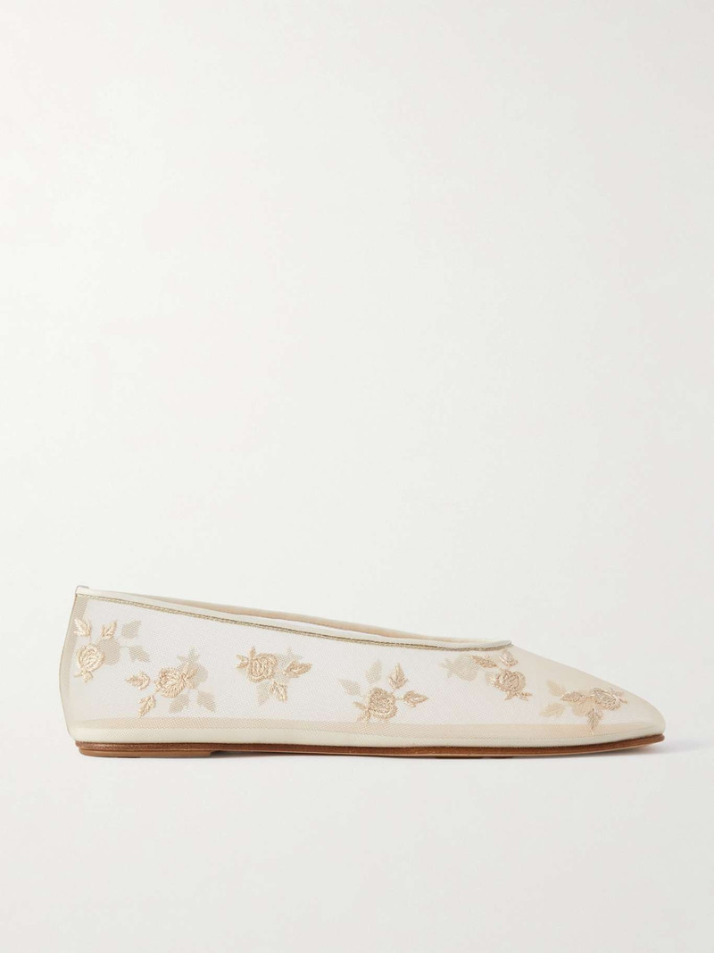 Leather-trimmed embroidered mesh ballet flats - 1