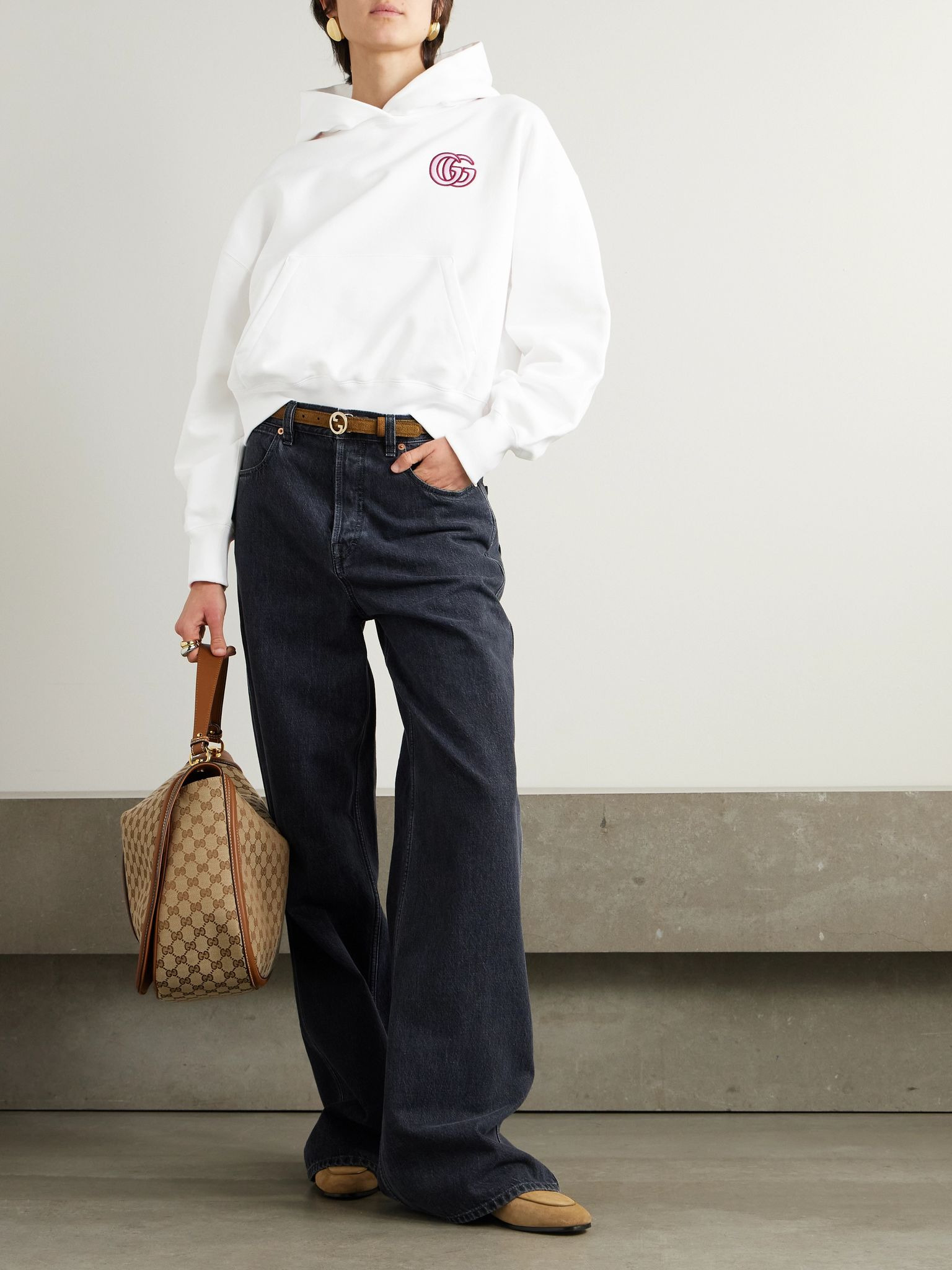 Embroidered cropped cotton-jersey hoodie White - 2