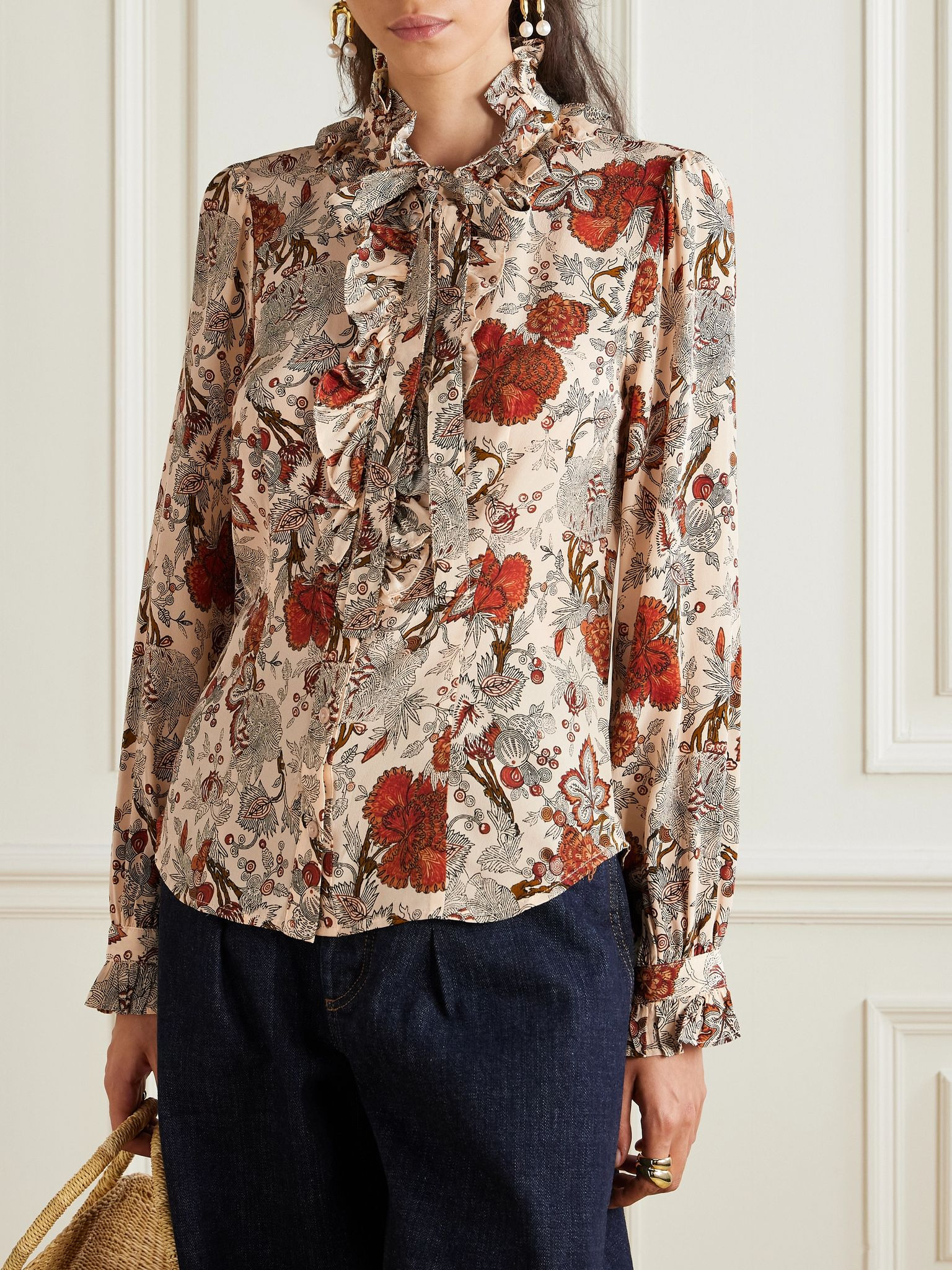 Catroux pussy-bow floral-print silk-satin blouse Multi - 3