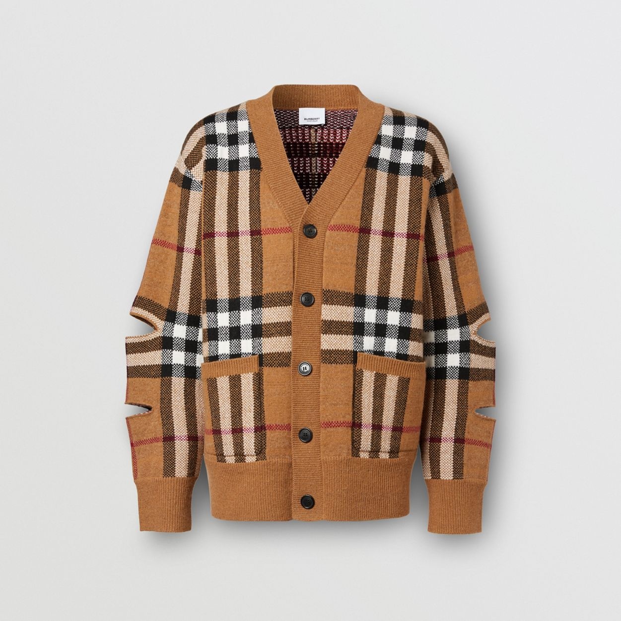 Cut-out Sleeve Check Wool Cashmere Cardigan - 1