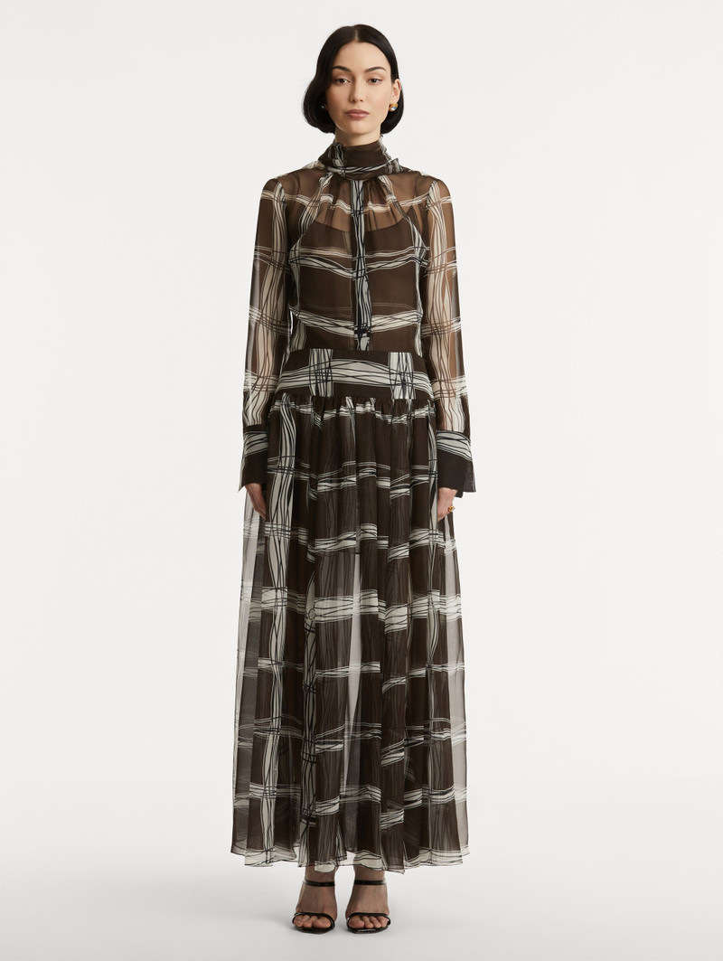 Oscar de la Renta WAVY PLAID SILK CHIFFON DRESS outlook