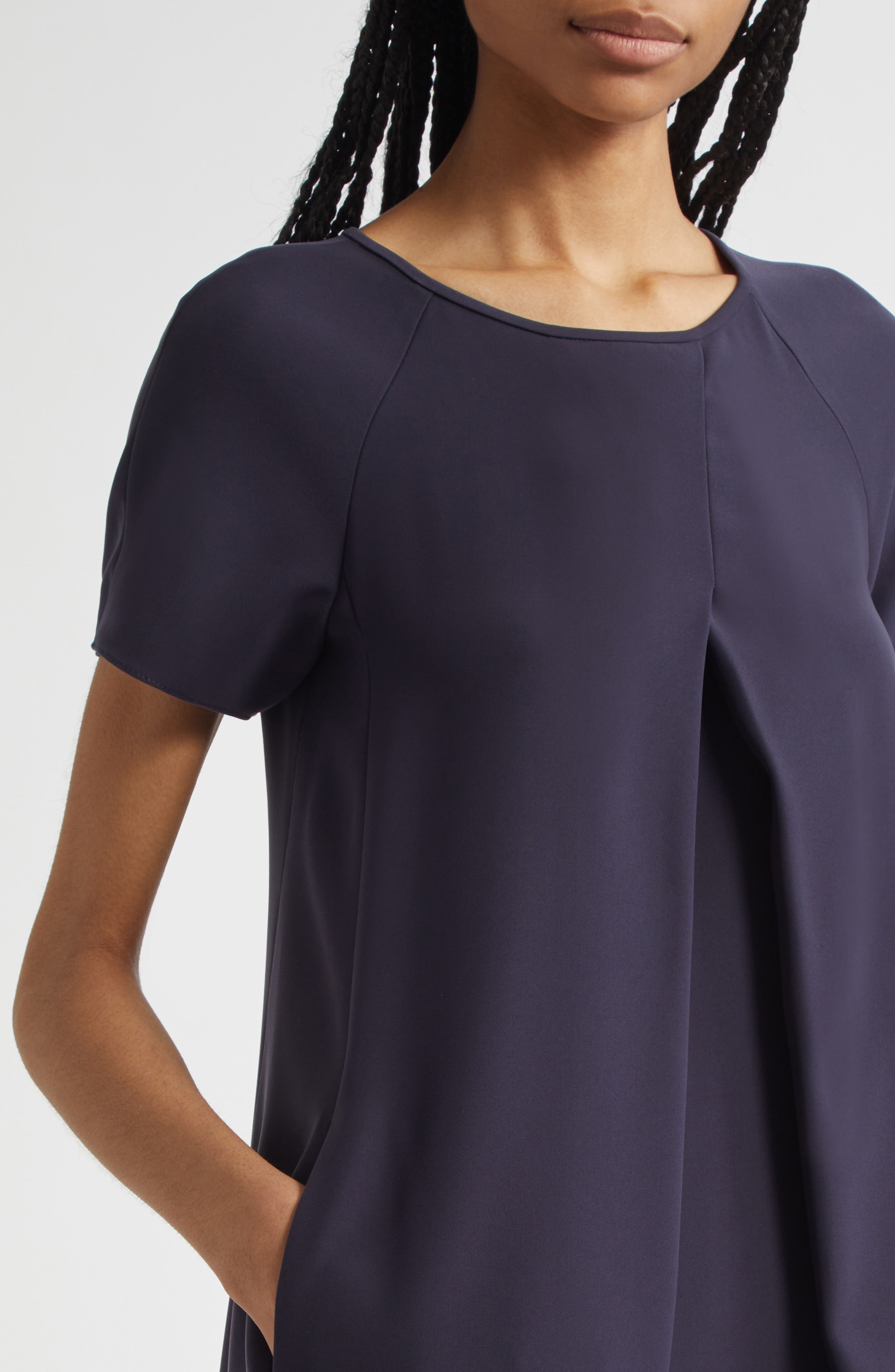 Emporio Armani Inverted Pleat Short Sleeve Dress in Solid Dark Blue at Nordstrom - 4