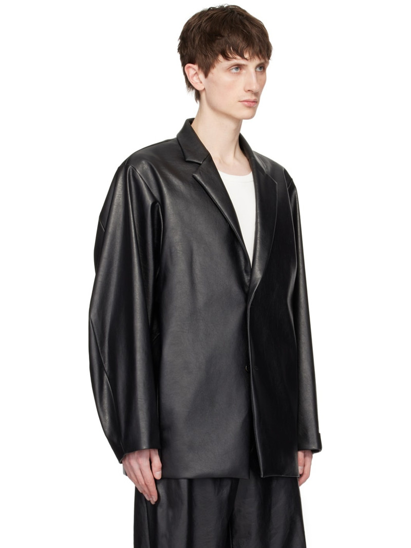 Black Padded Shoulder Faux-Leather Blazer 2