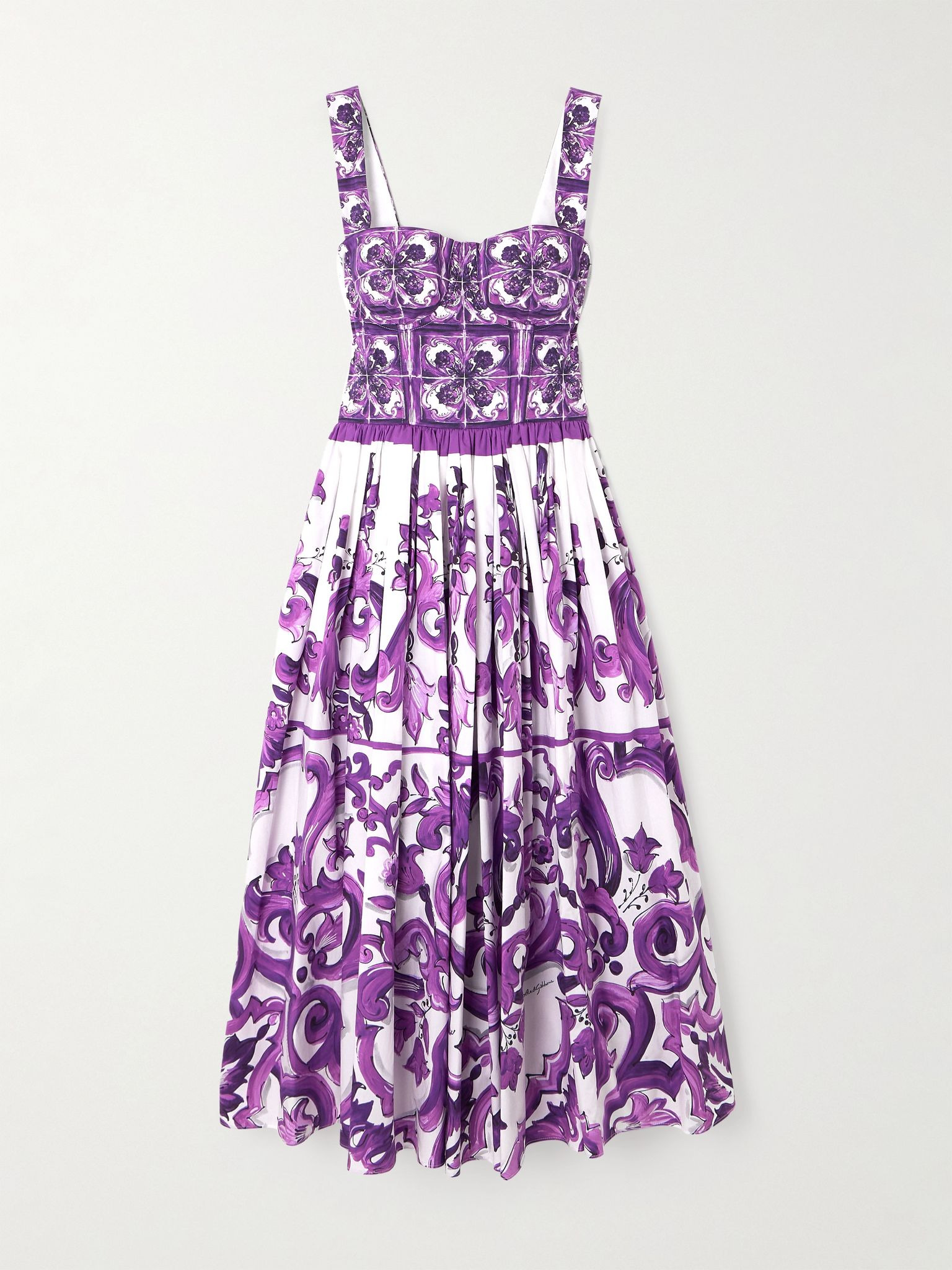 Pleated printed cotton-poplin midi dress Purple - 1