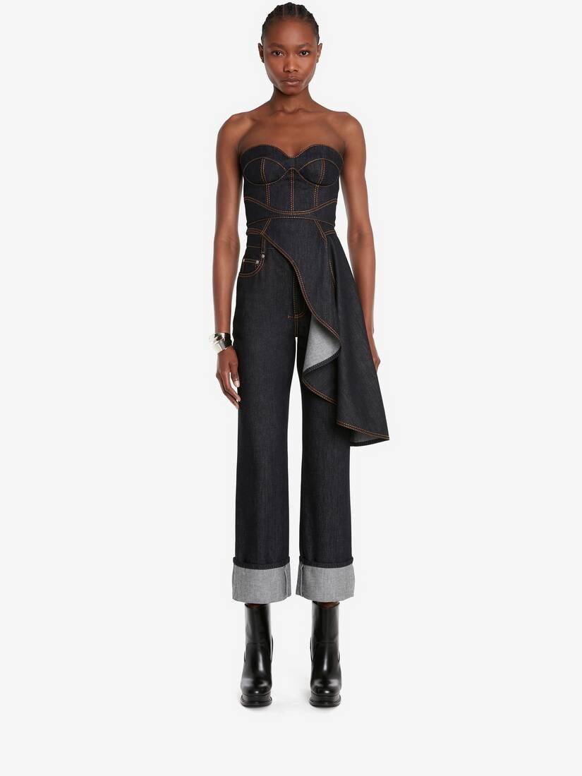 Women's Asymmetric Drape Corset Top in Dark Navy - 2