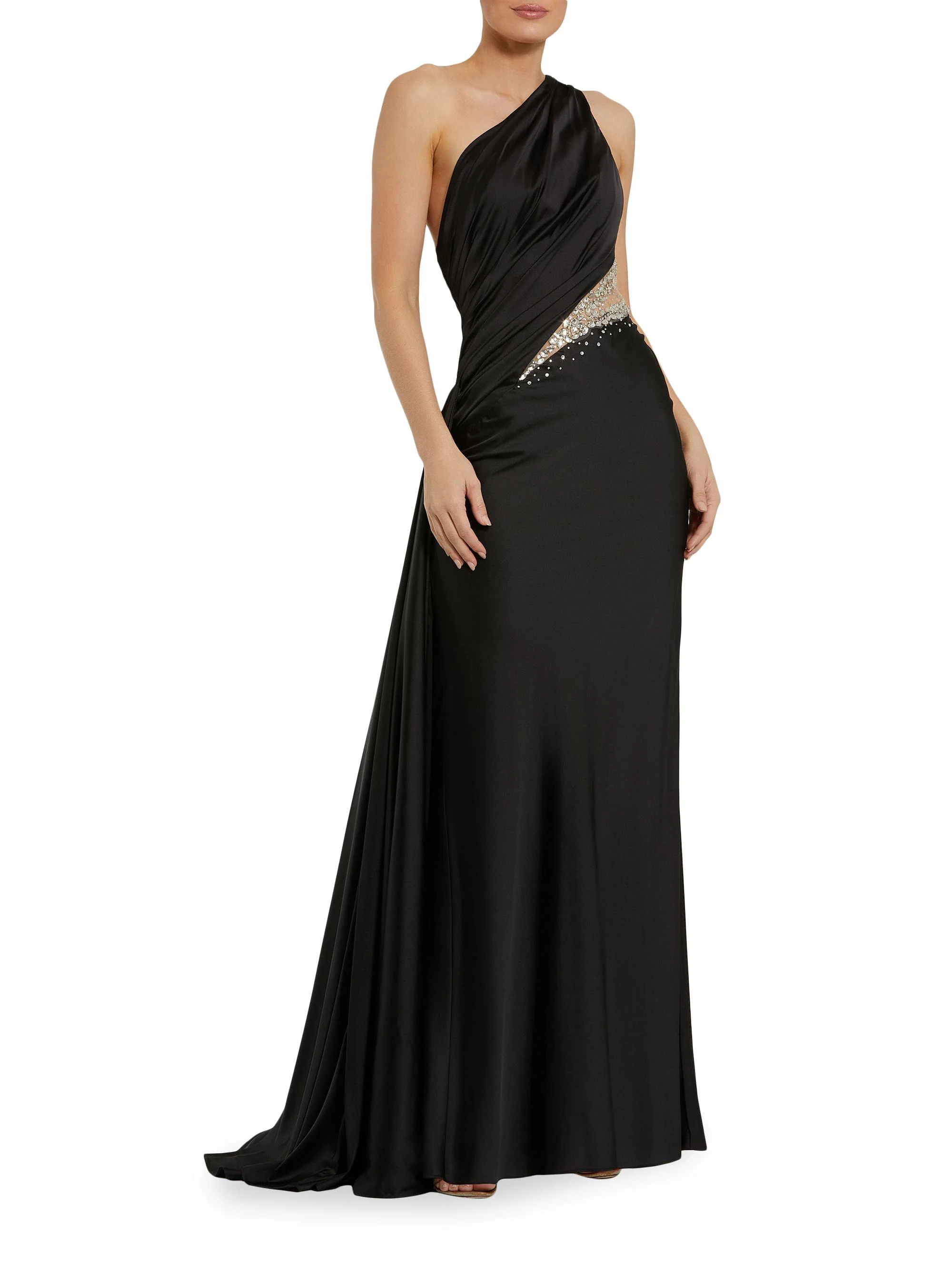 Women's Satin One-Shoulder Gown - Black - 1
