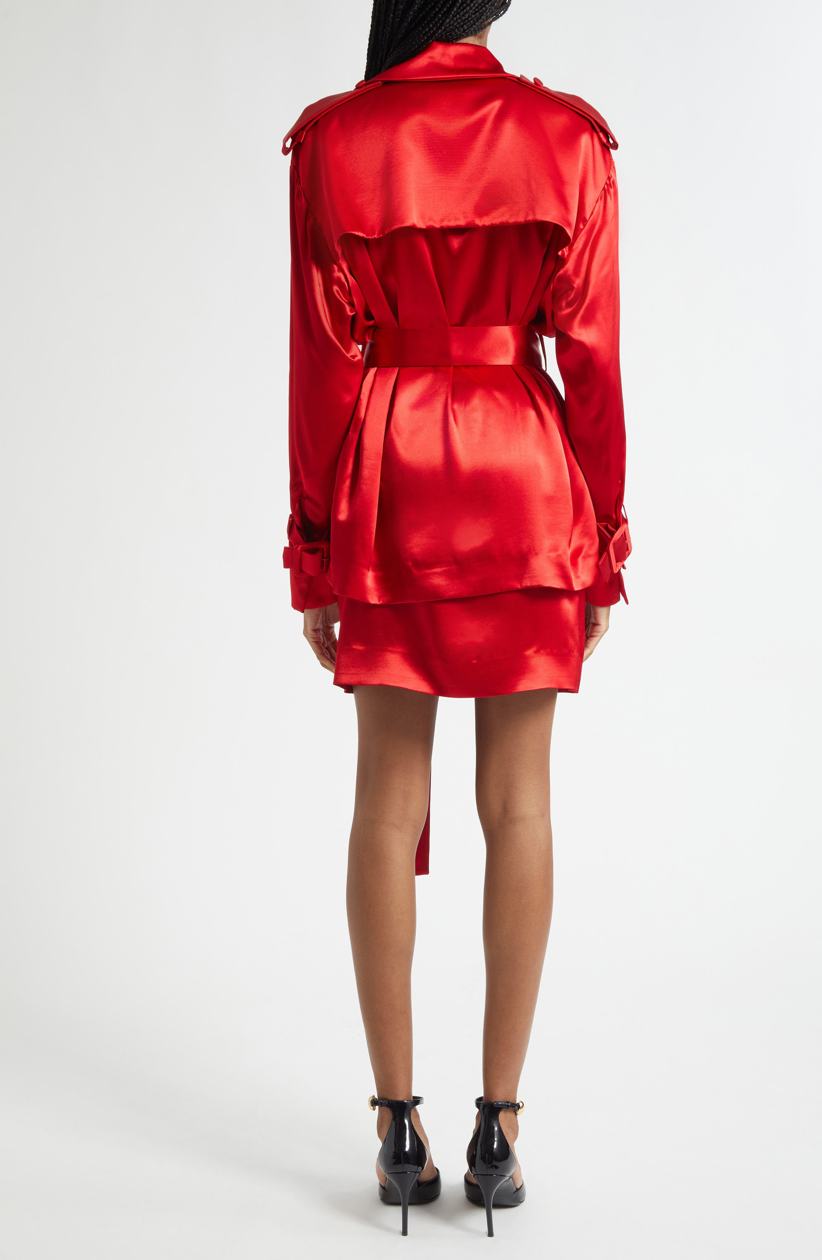FERRAGAMO Long Sleeve Satin Trench Shirt in Dark Red at Nordstrom - 3