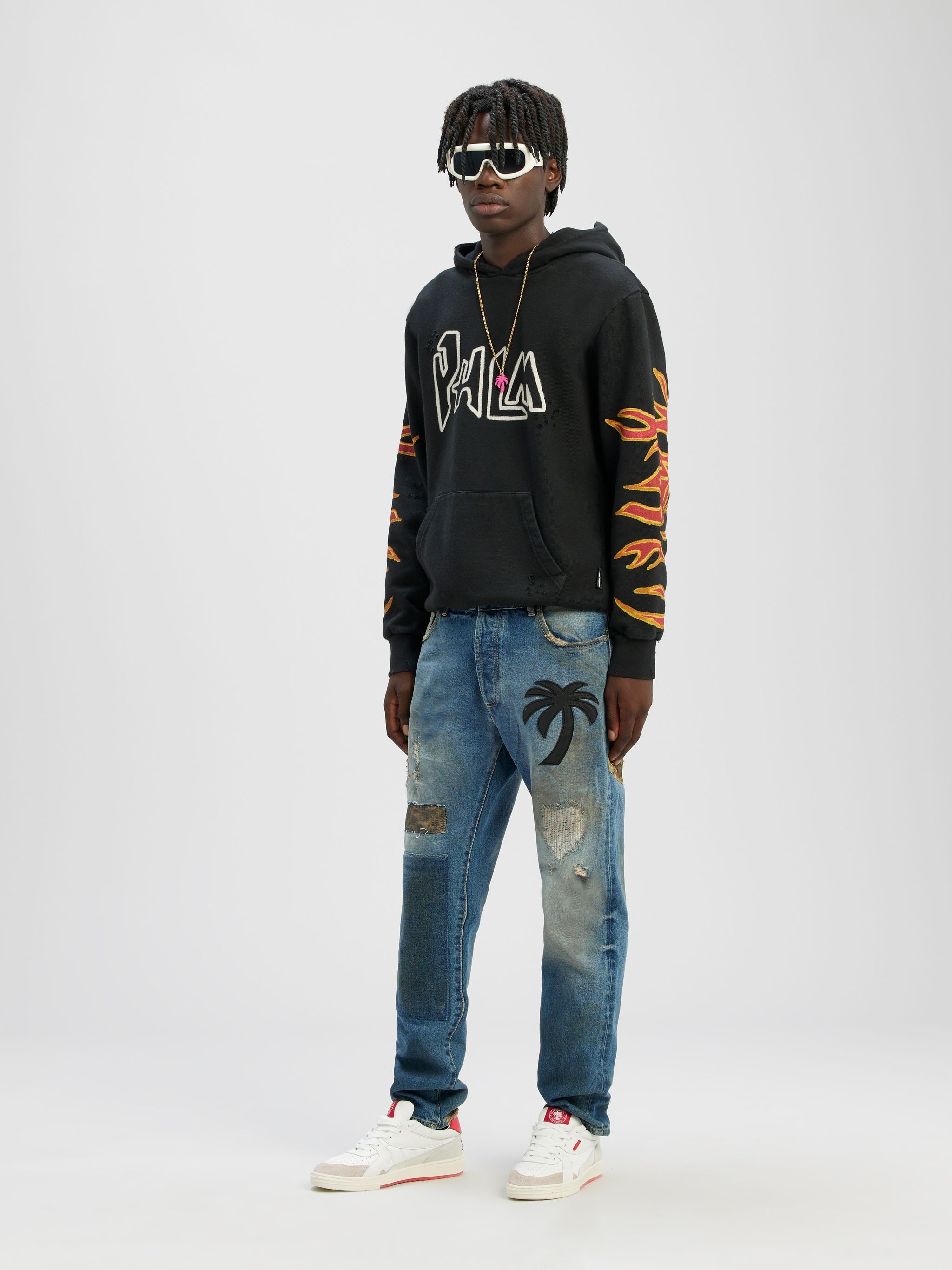 CURVED PALM TREE REGULAR DENIM PANTS - 2