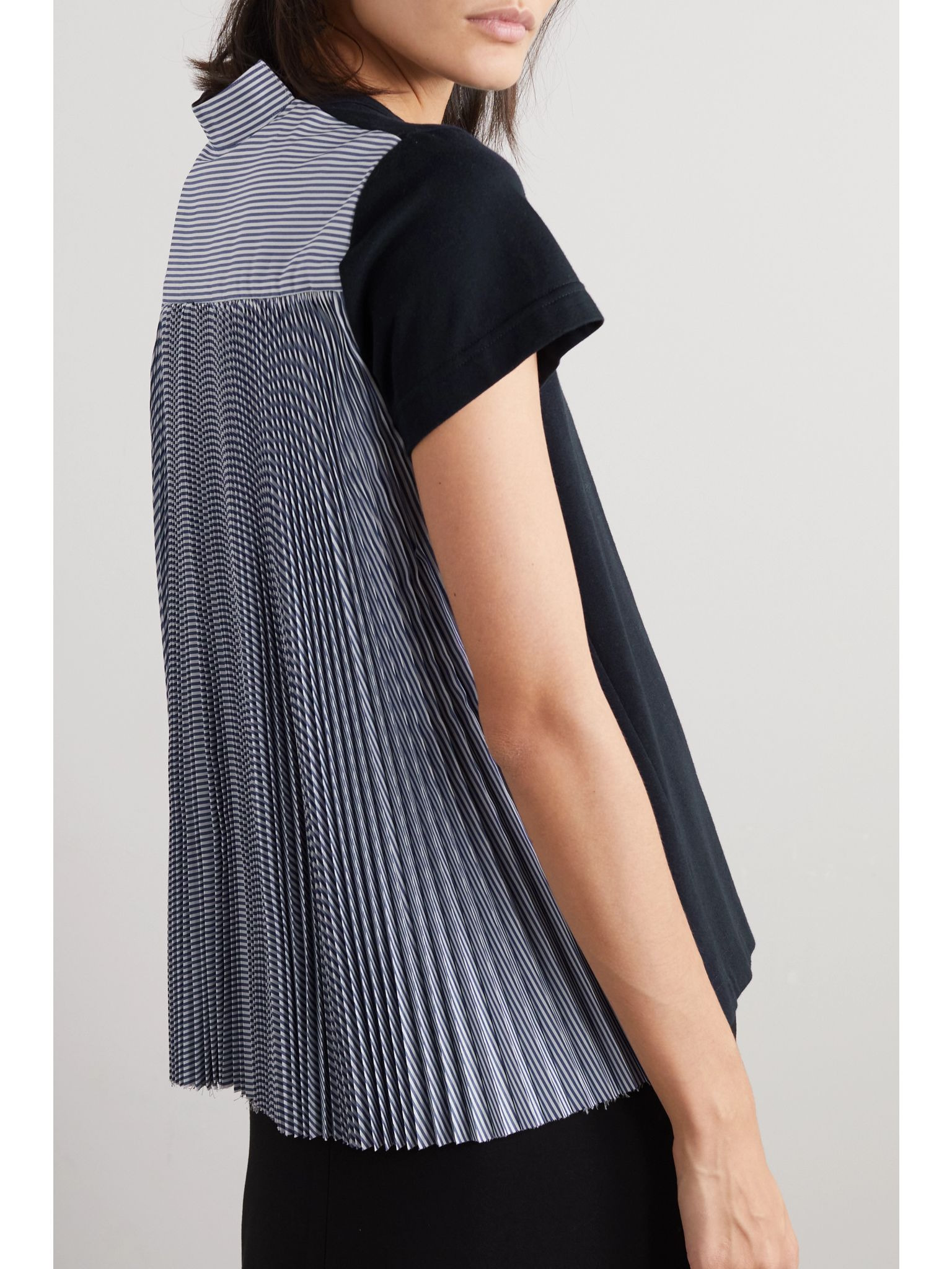 Pleated paneled cotton-jersey and striped poplin T-shirt Navy - 4