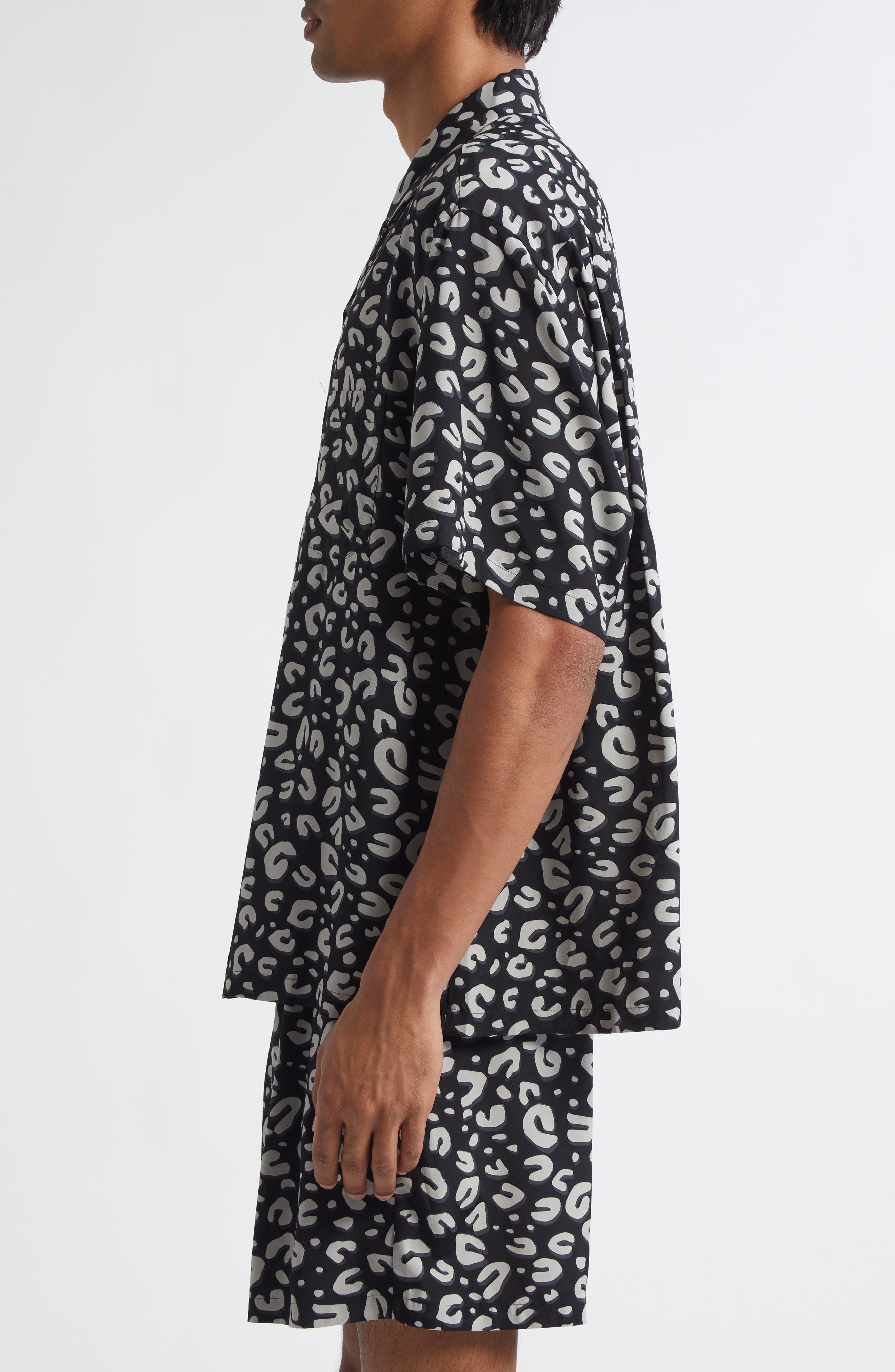 TAKAHIROMIYASHITA TheSoloist. Leopard Print Oversize Camp Shirt in Black X White at Nordstrom - 4