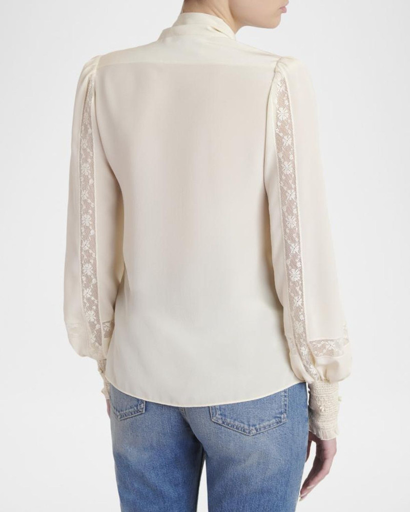 Lace-Inset Ruffle Bow-Neck Silk Shirt 3