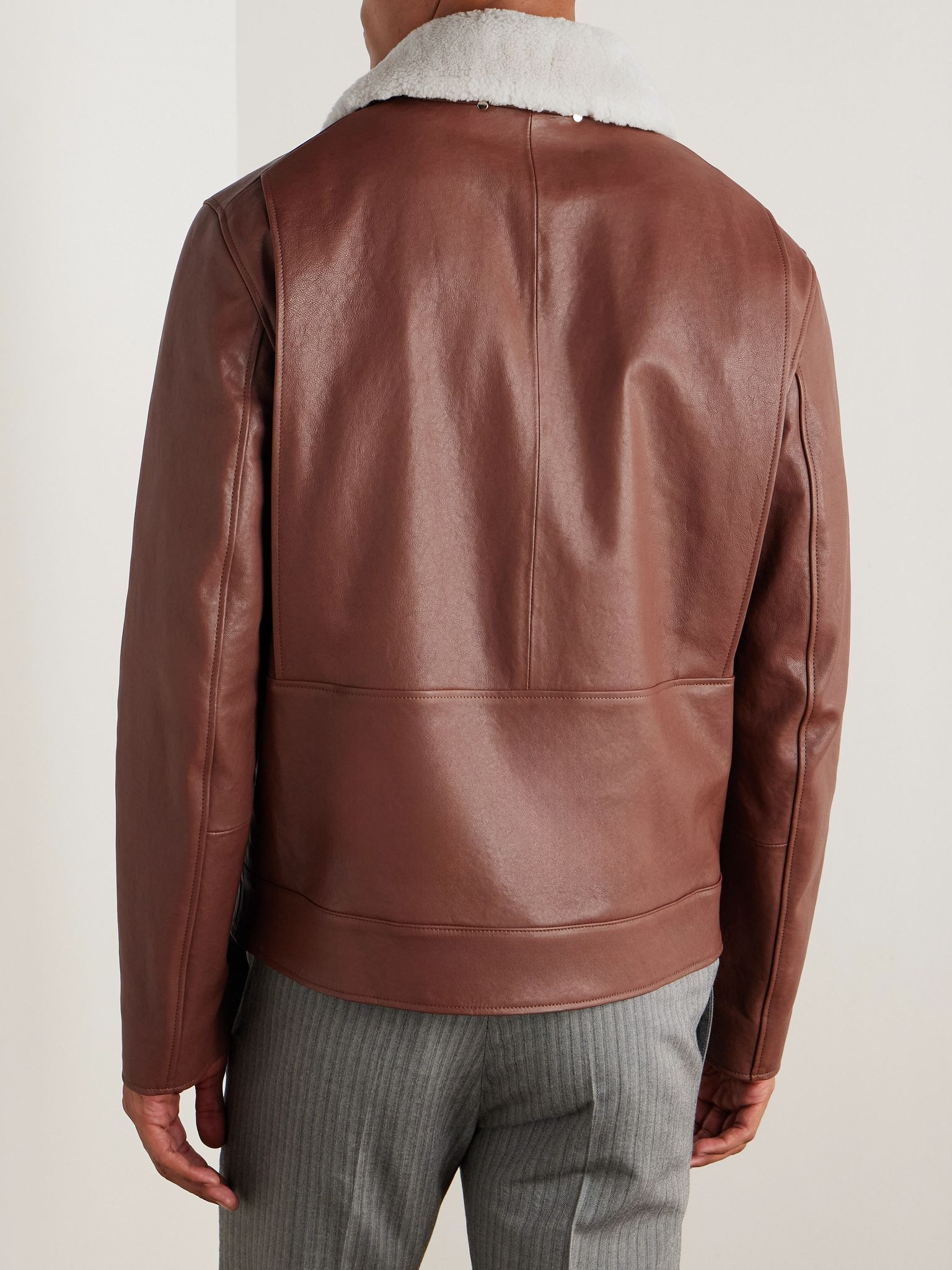 Shearling-Trimmed Leather Jacket Brown - 4