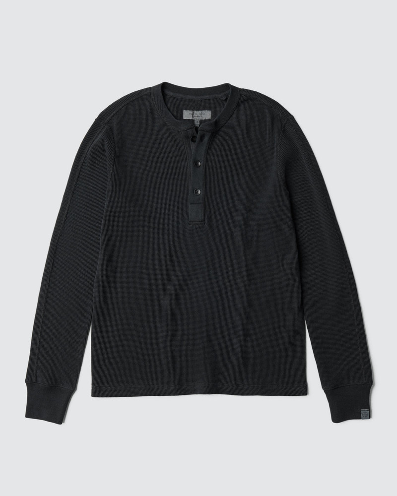Garment Dyed Waffle Henley Cotton Long Sleeve Shirt - 1
