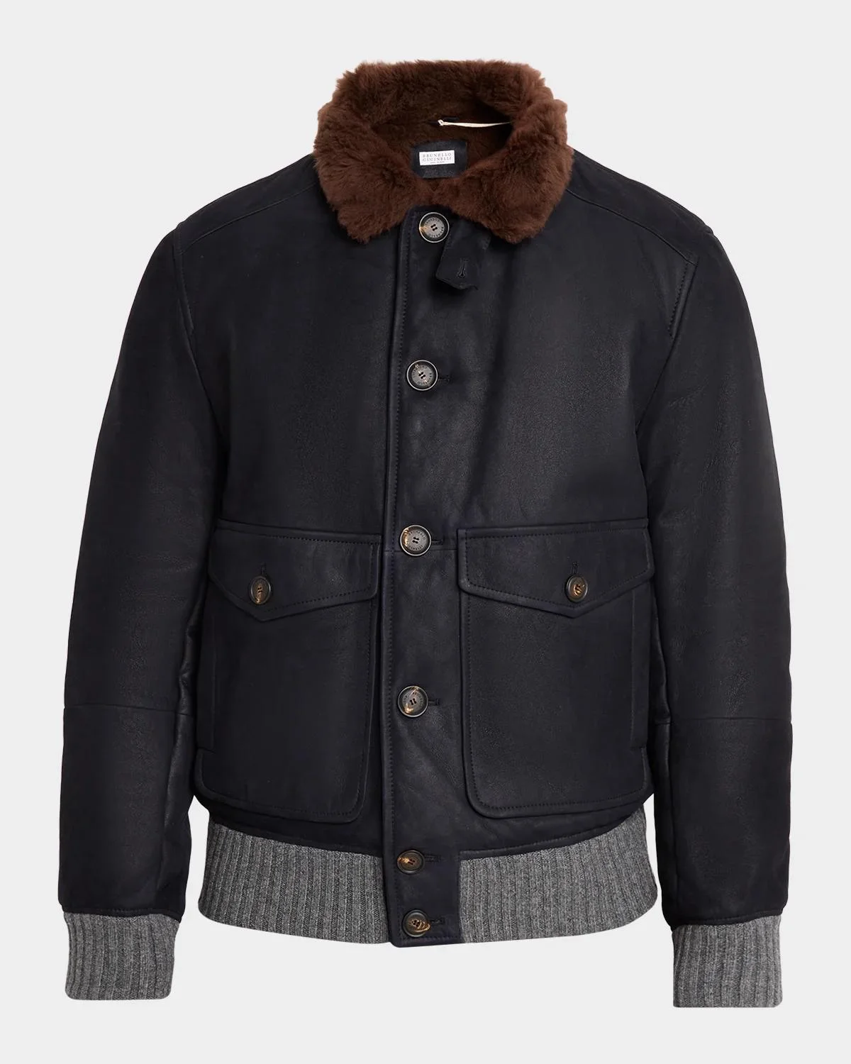 Men's Shearling-Collar Leather Bomber Jacket - 1