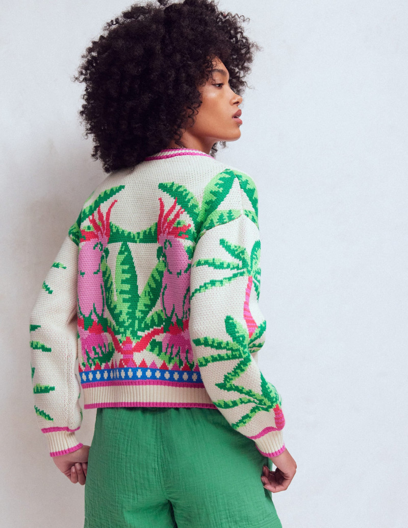 Abi Jacquard Cardigan-Warm Ivory, Palm Tree Birds 6